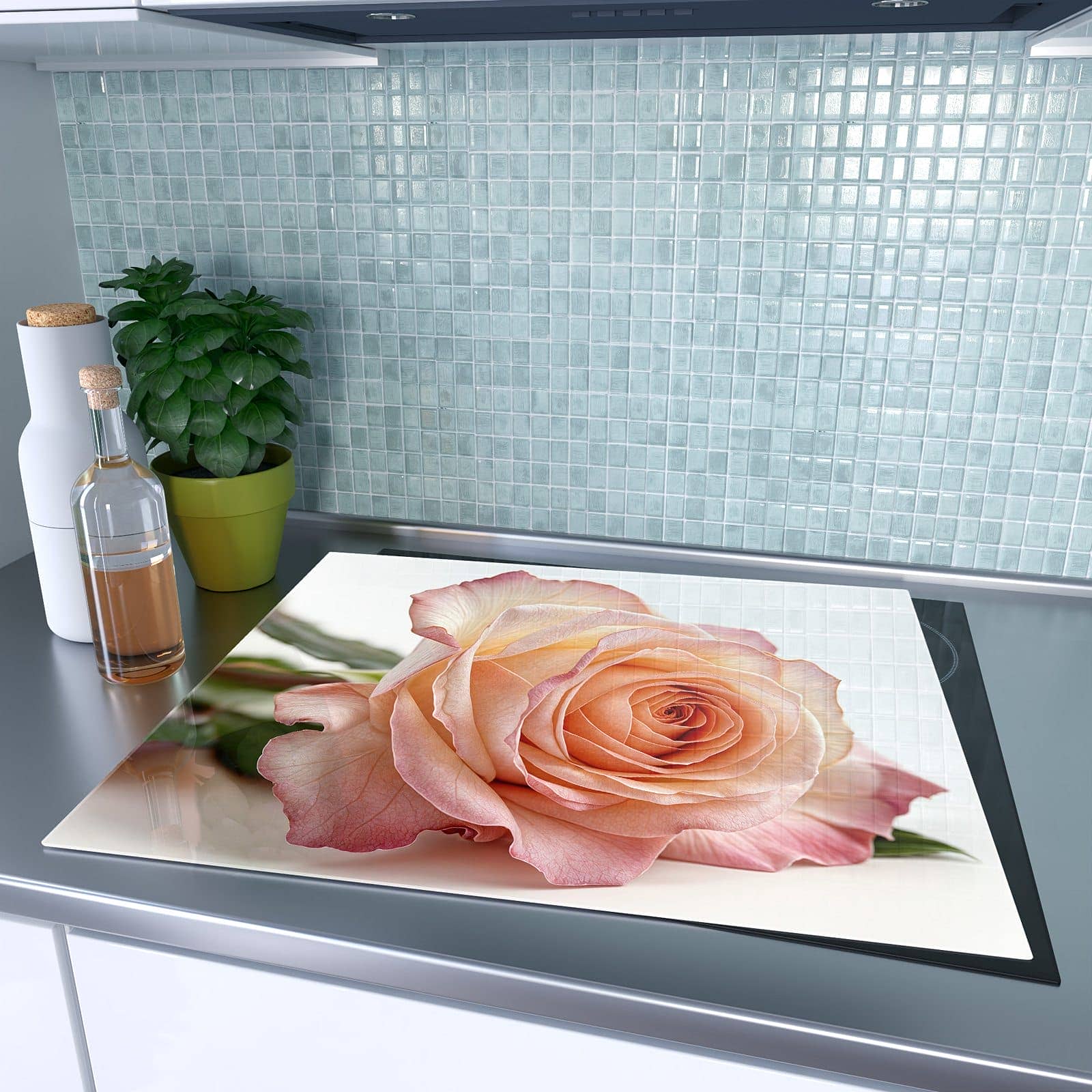 1-teilige Ceranfeld Abdeckung mit Elegante Rose Blüte-Motiv auf dem Ceranfeld
