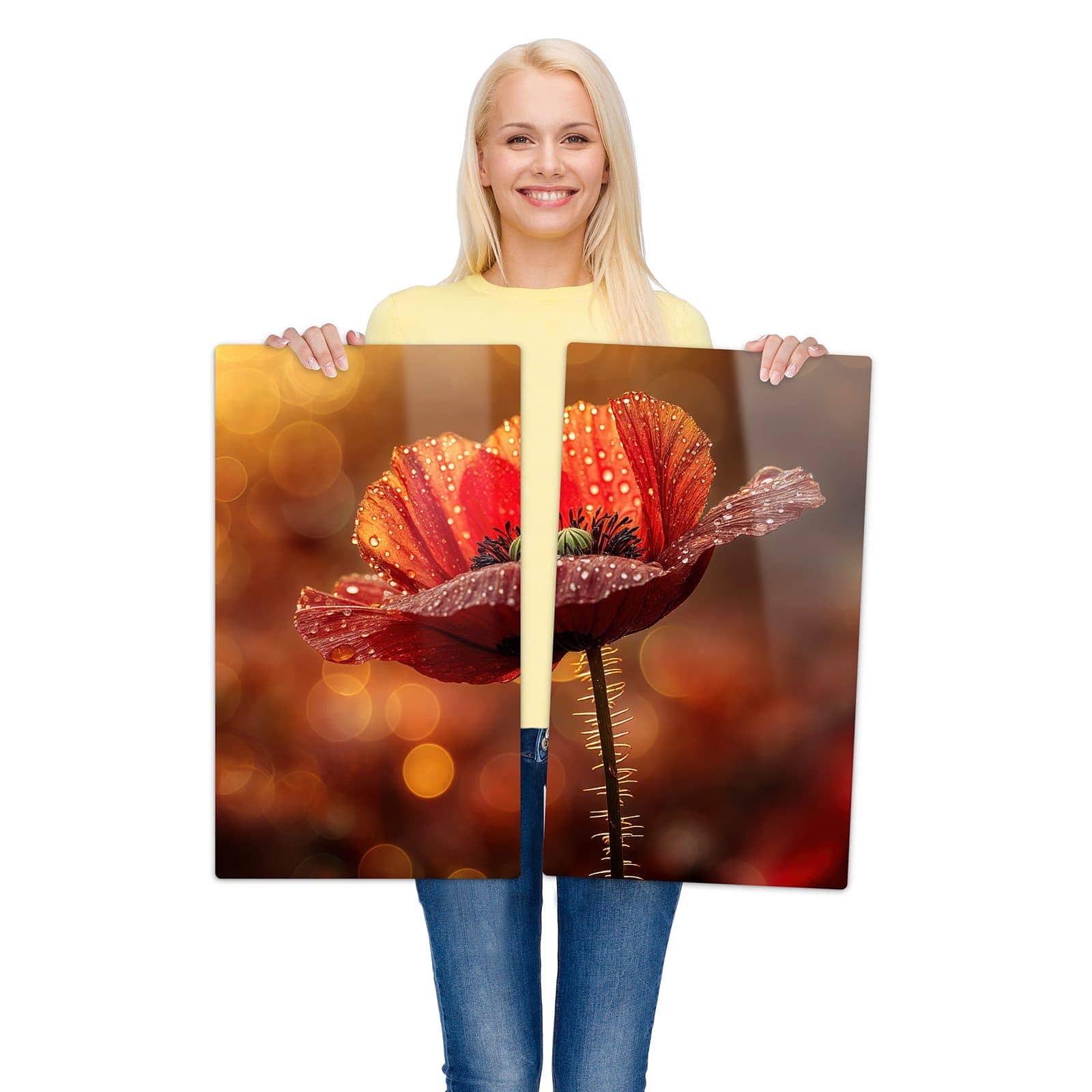 2-teilige Herdabdeckplatte mit Blühende Mohnblume-Motiv wird zur Größendarstellung gehalten