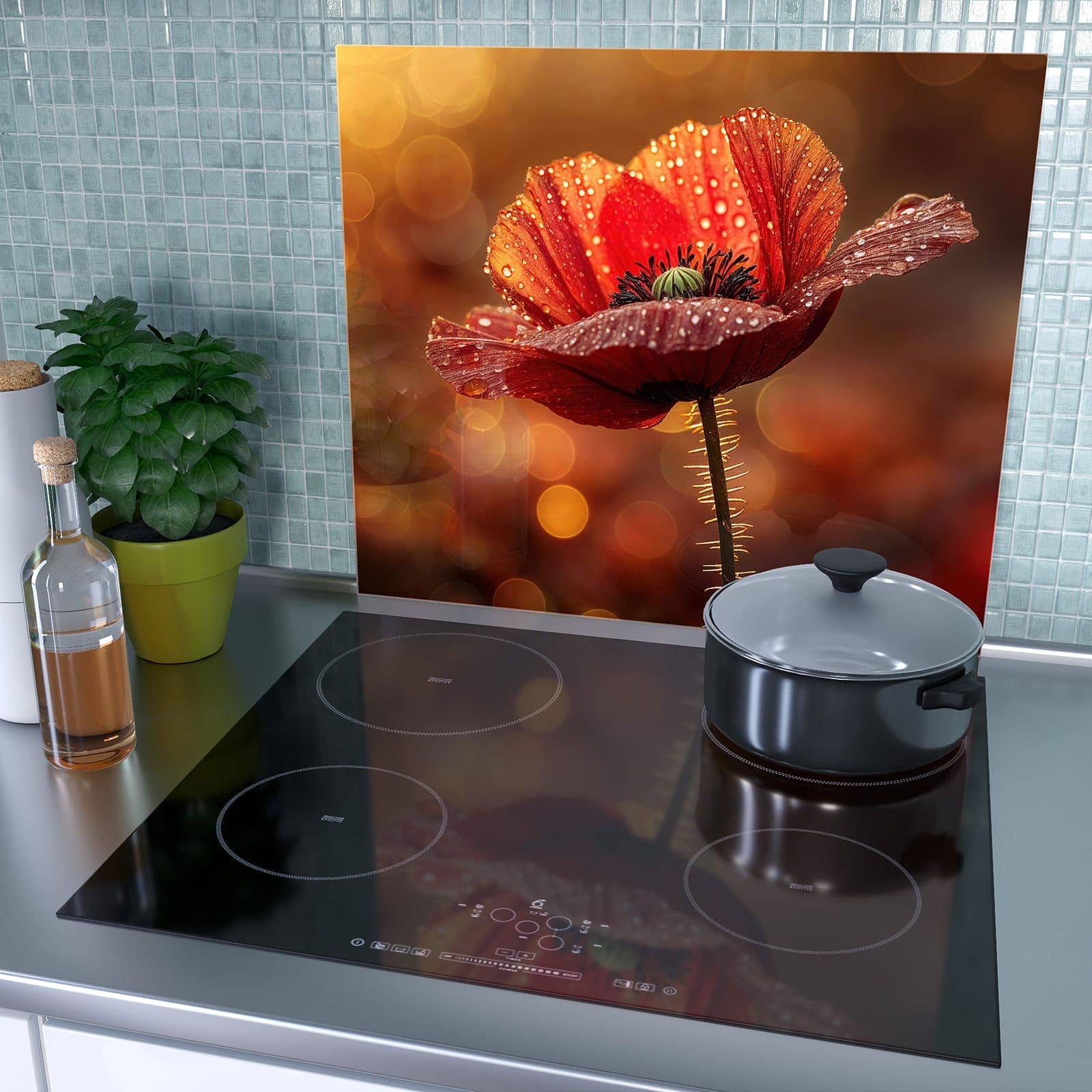 1-teilige Glasabdeckplatte für Ceranfeld mit Blühende Mohnblume-Motiv als Spritzschutz hinter dem Kochfeld