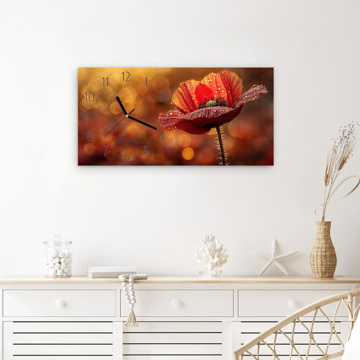 Wanduhr Blühende Mohnblume aus Glas – Querformat 60 × 30 cm – Rote Mohnblume mit Tautropfen