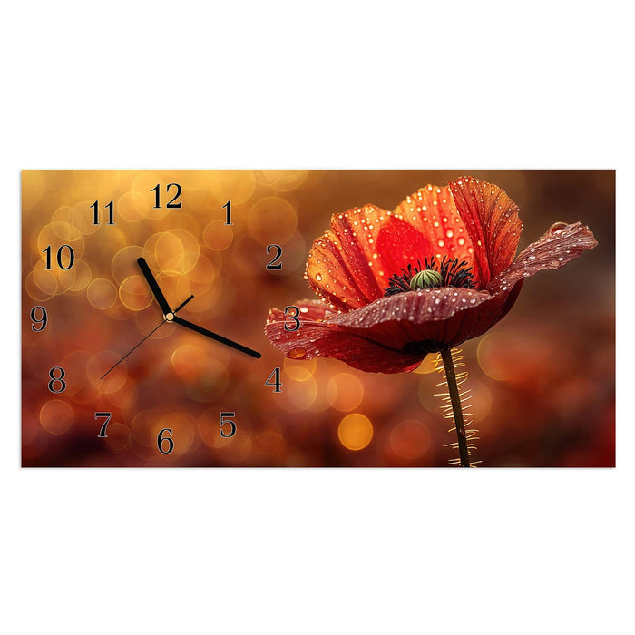 Wanduhr Blühende Mohnblume aus Glas – Querformat 60 × 30 cm mit Ziffernblatt Klassisch
