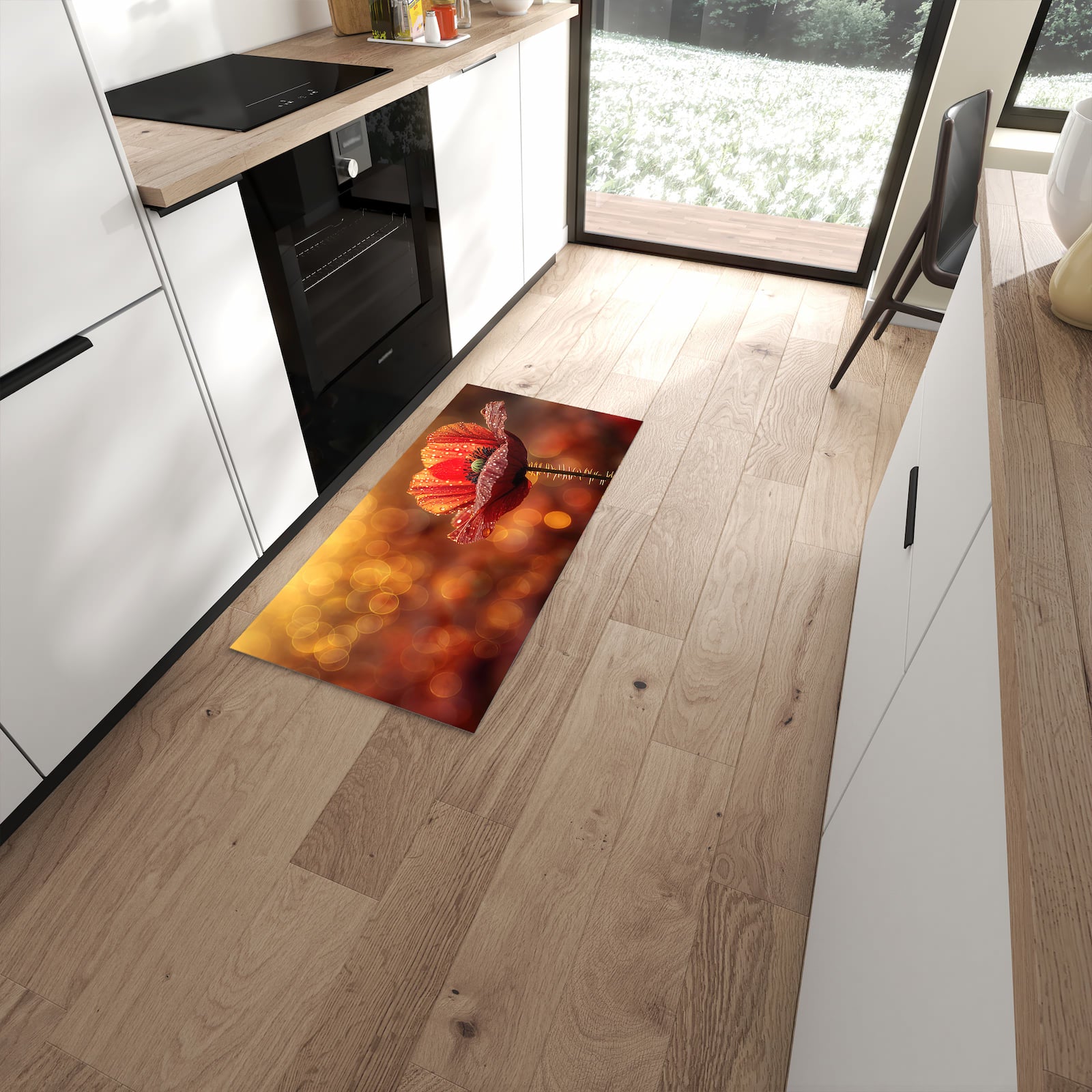Pflegeleichter Küchenteppich mit Motiv Blühende Mohnblume in moderner Küche #grösse_60 x 120 cm