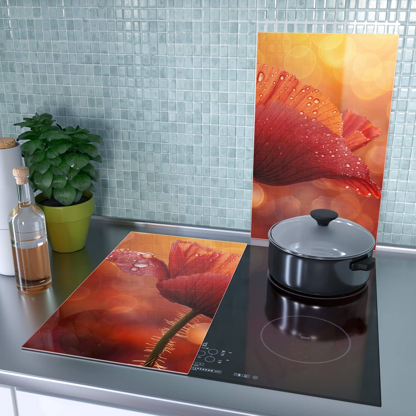 2-teilige Abdeckplatten für Ceranfeld mit Roter Blütentropfen-Motiv als Spritzschutz hinter dem Kochfeld