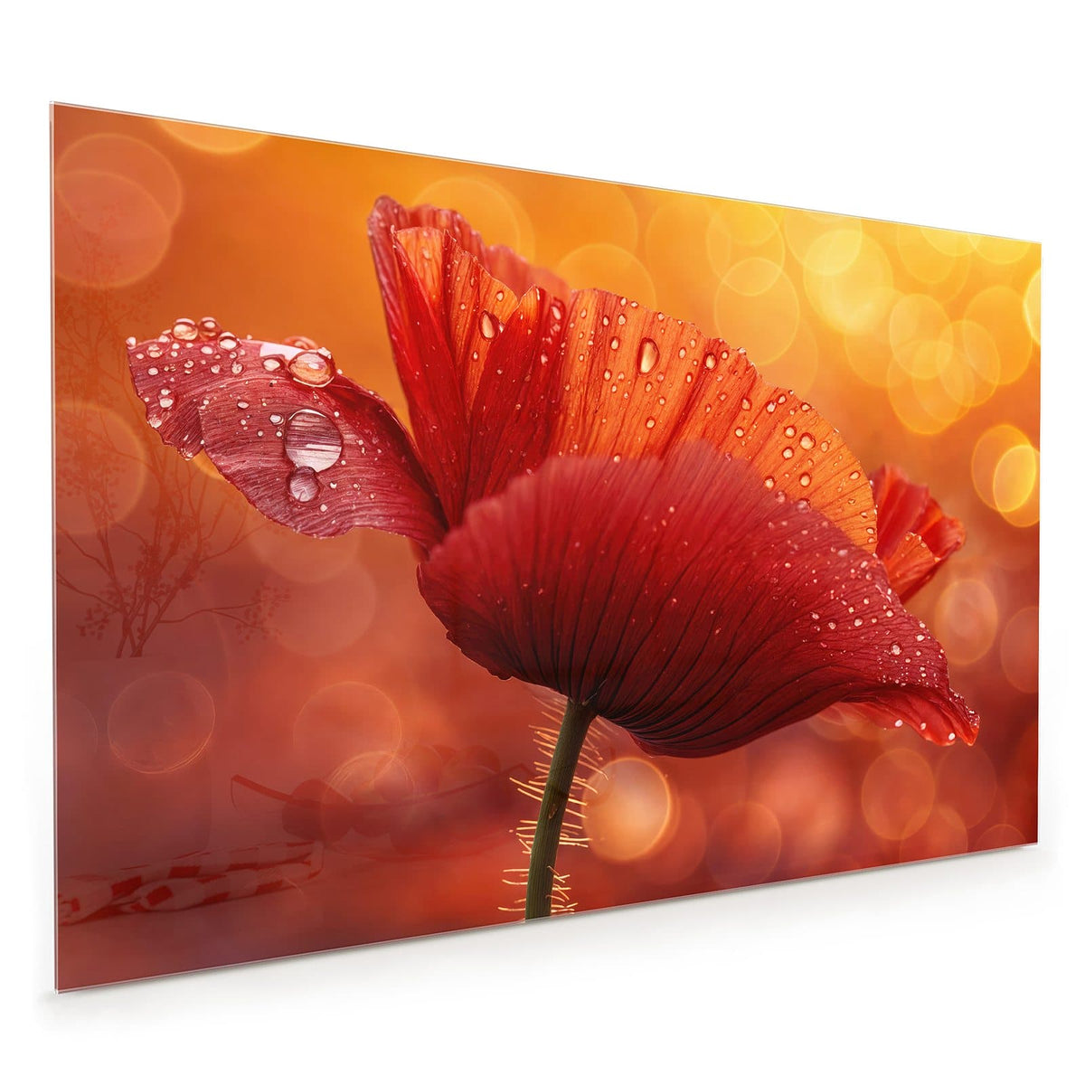 Küchenrückwand aus Glas im Hochformat mit Motiv Mohn mit Tautropfen: Roter Klatschmohn mit vielen Wassertropfen vor goldorangem Bokeh