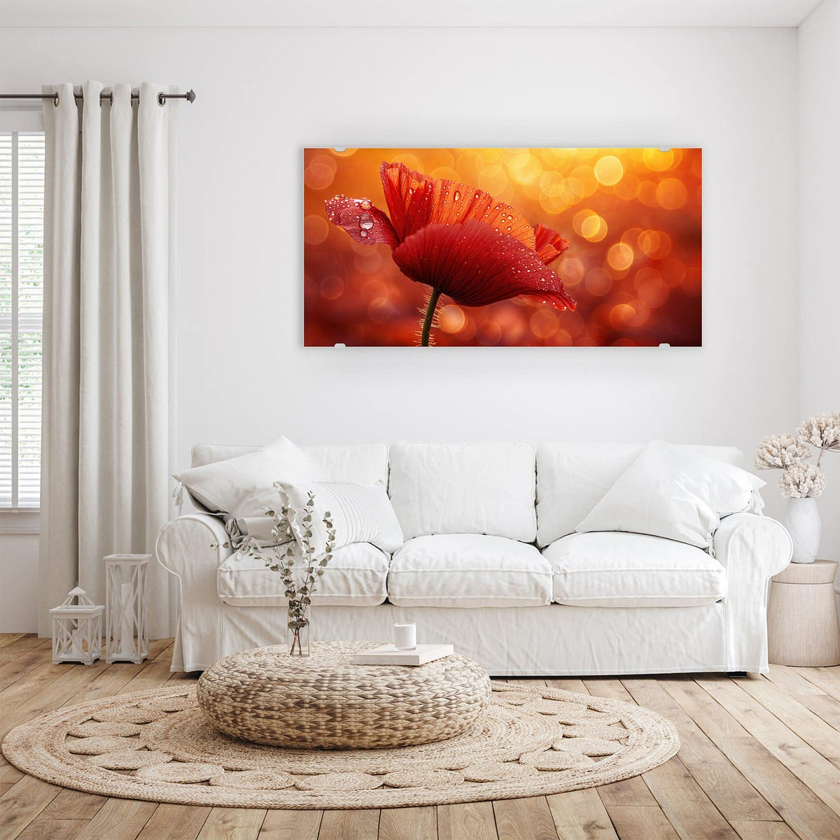 Wandbild - Mohn mit Tautropfen - Querformat – Rote Blüte vor goldenem Bokeh