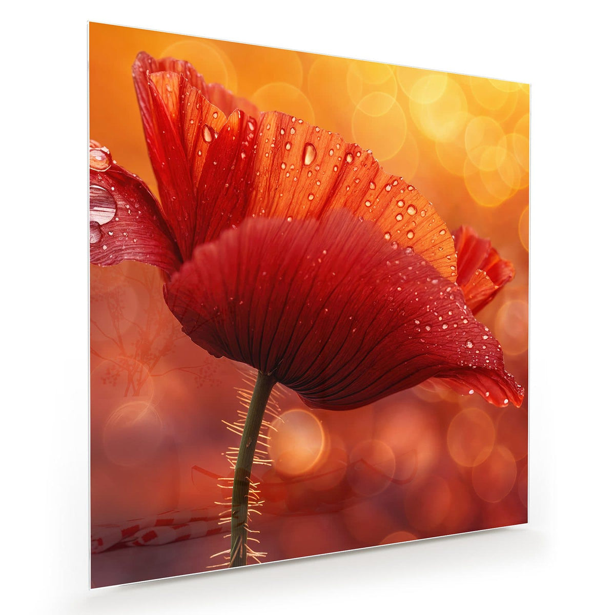 Roter Klatschmohn mit vielen Wassertropfen vor goldorangem Bokeh
