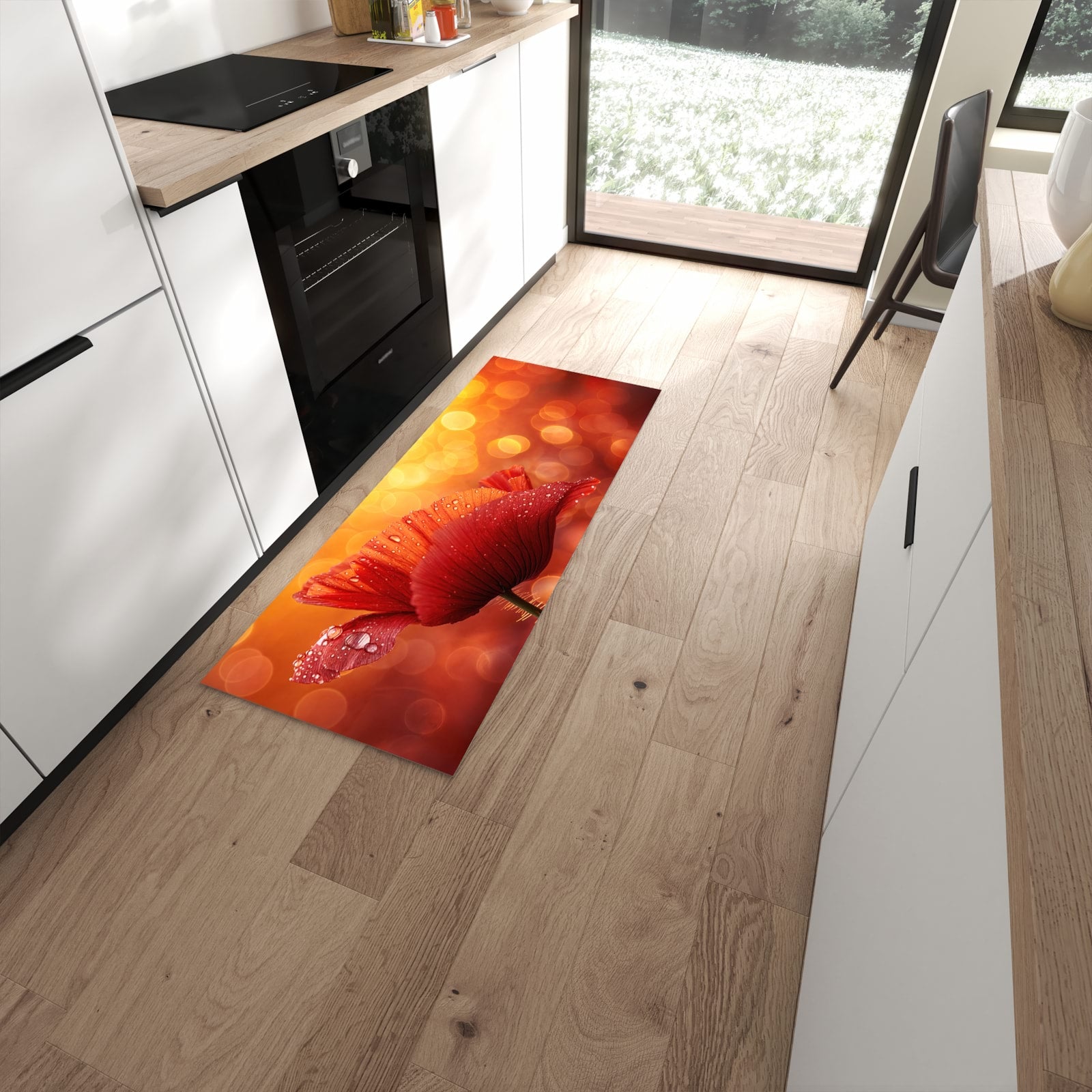 Dünner Küchenteppich mit Motiv Roter Blütentropfen in moderner Küche für sicheres Aufbewahren #grösse_60 x 150 cm