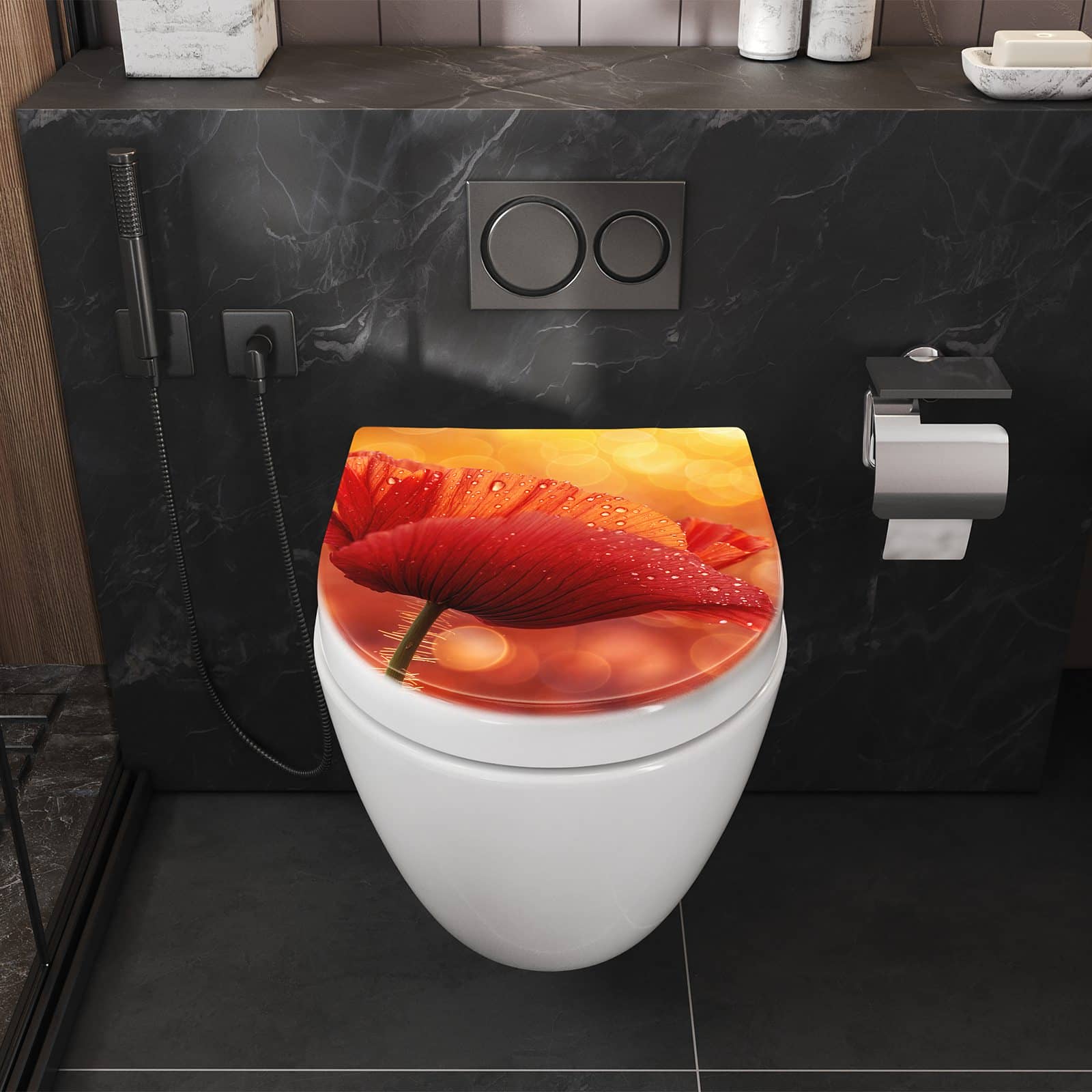 WC-Sitz mit Absenkautomatik Roter Blütentropfen