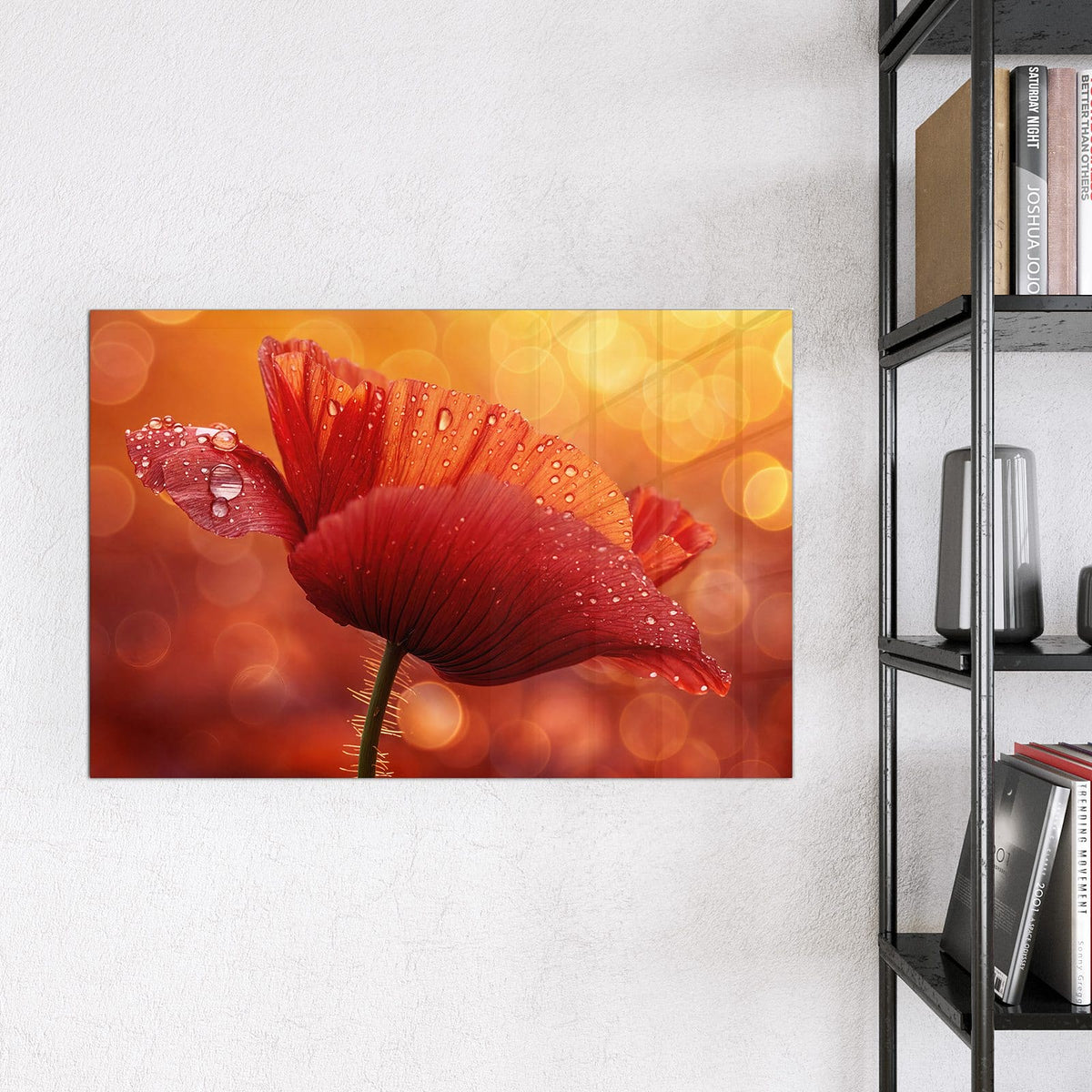 Magnettafel - Mohn mit Tautropfen – Rote Blüte vor goldenem Bokeh