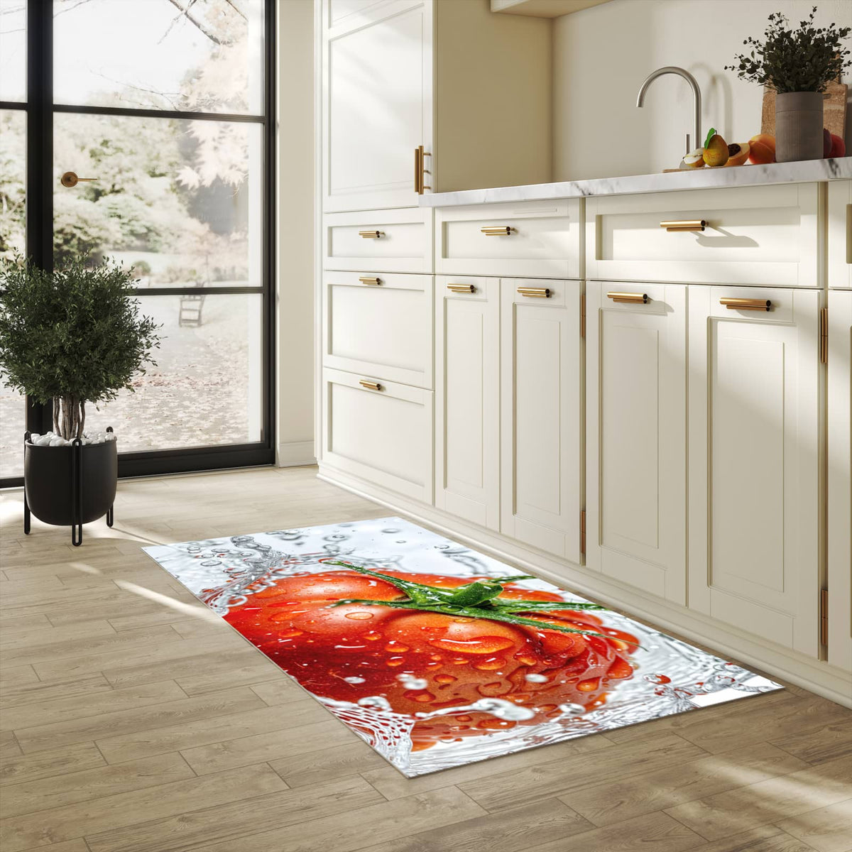 Geruchsneutraler Küchenläufer mit Motiv Tomate im Wasser in heller Küche