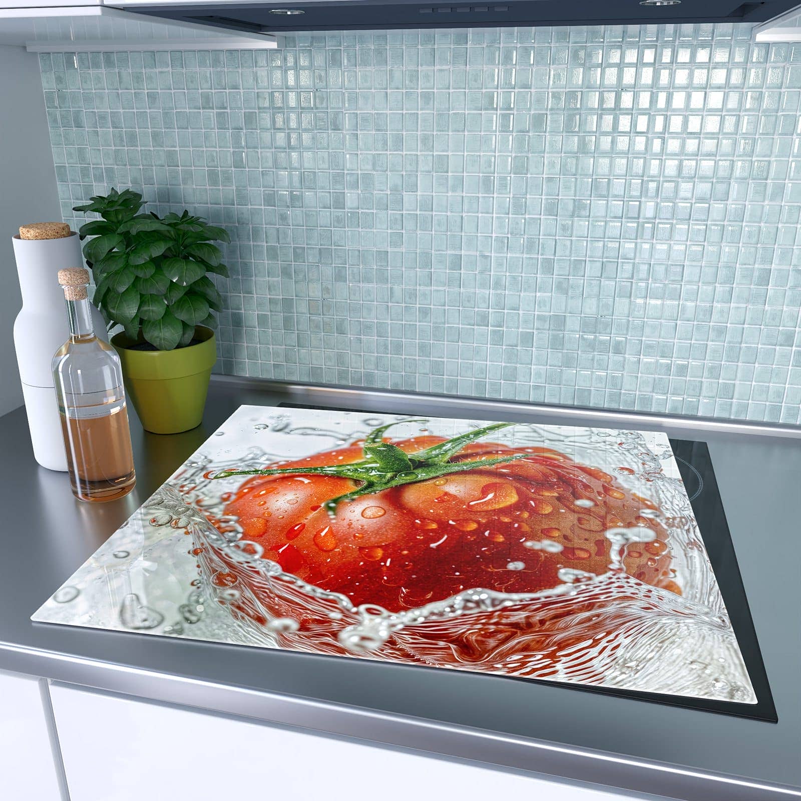 1-teilige Herdabdeckplatte für Ceranfeld mit Tomate im Wasser-Motiv auf dem Ceranfeld