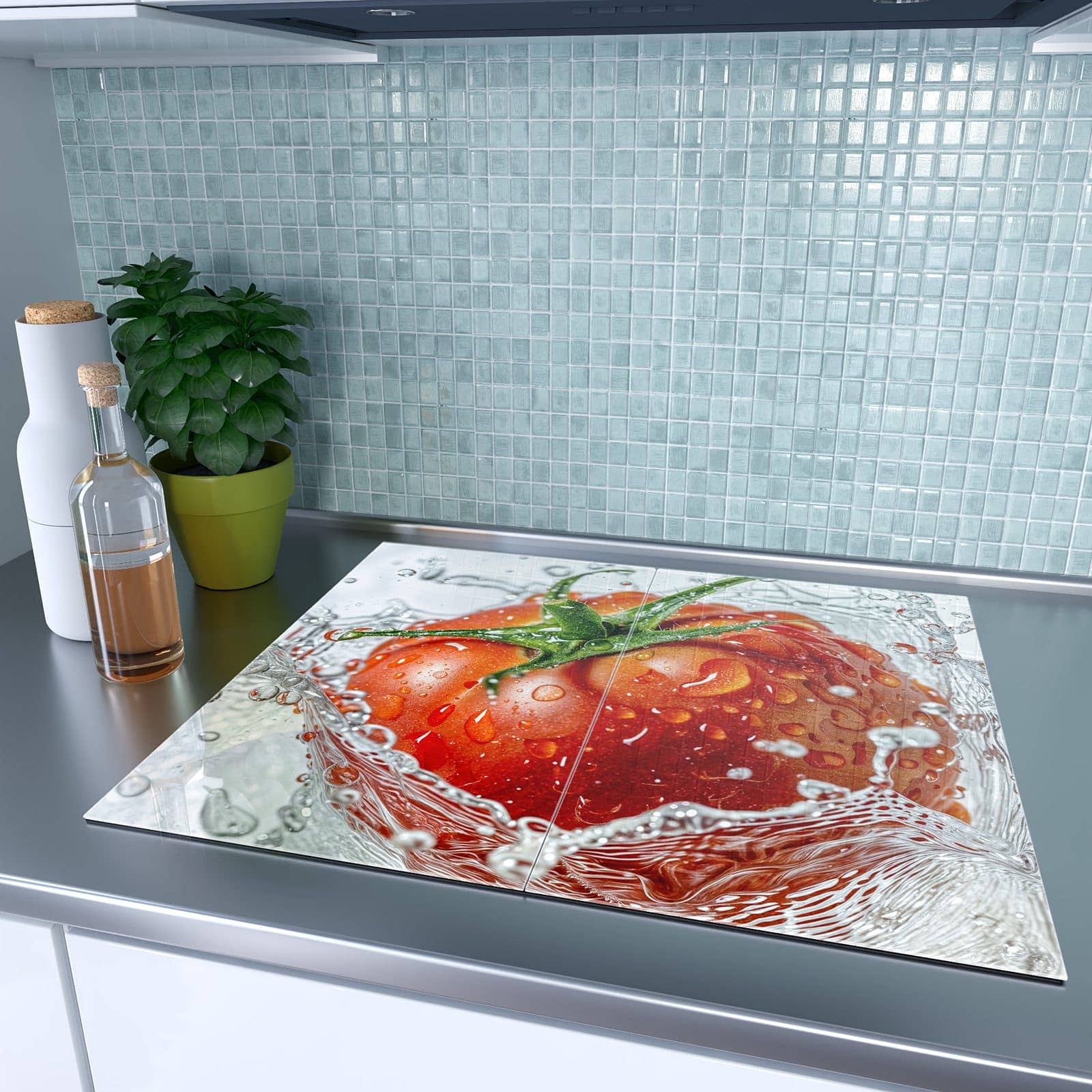 2-teilige Abdeckplatten für Ceranfeld mit Tomate im Wasser-Motiv auf dem Ceranfeld