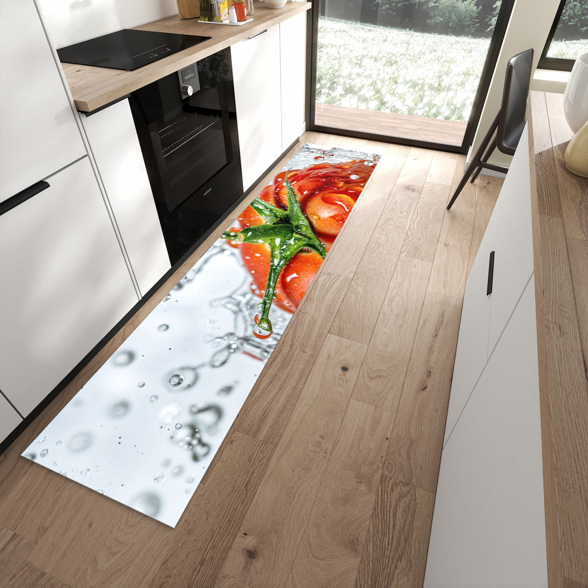 Strapazierfähiger Küchenvorleger mit Motiv Tomate im Wasser in moderner Küche
