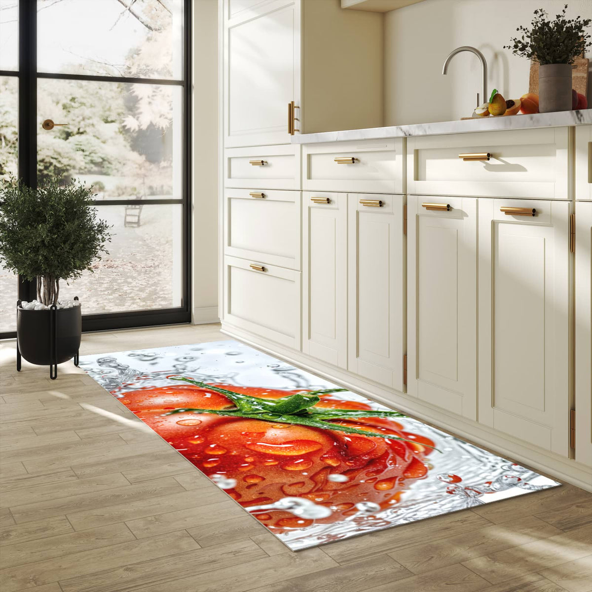 Langlebiger Teppichläufer mit Motiv Tomate im Wasser in heller Küche