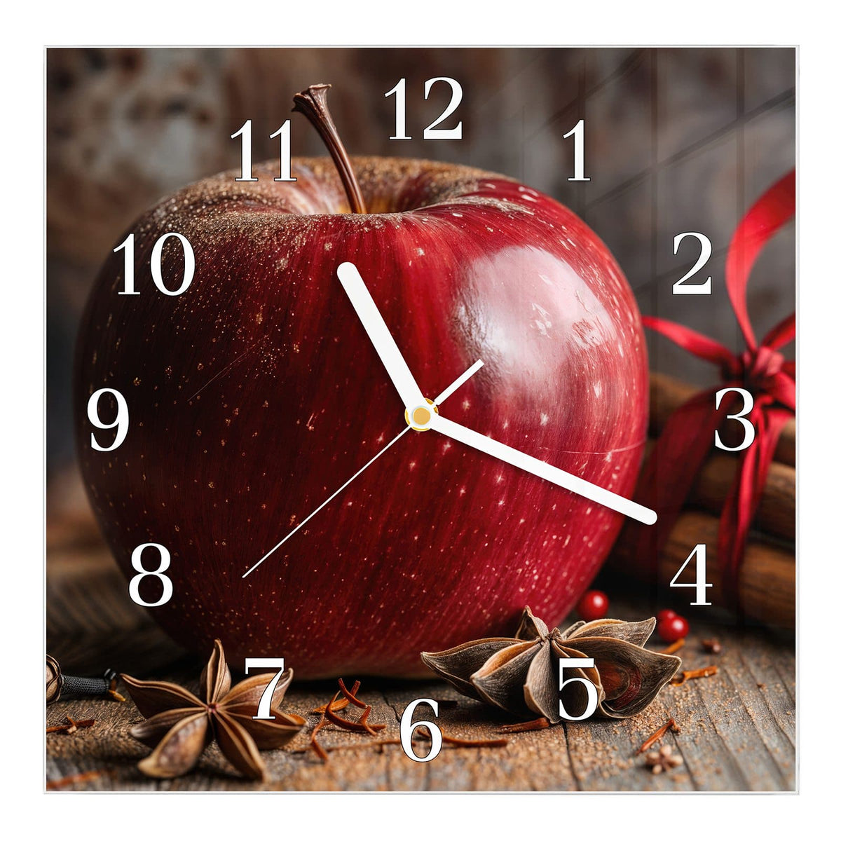 Wanduhr aus Glas, Ziffernblatt Klassisch: Roter Apfel auf Holz, daneben mit roter Schleife gebündelte Zimtstangen und Sternanis