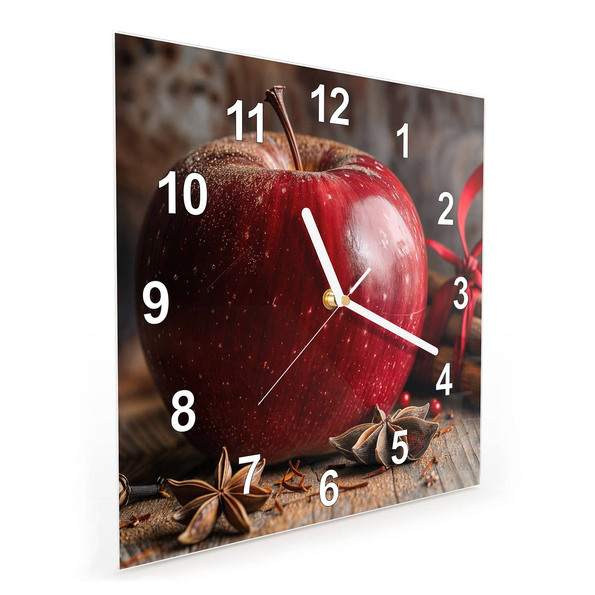 Quadratische Wanduhr aus Glas Zimt und Apfel schräg von der Seite, 4 mm starkes Glas