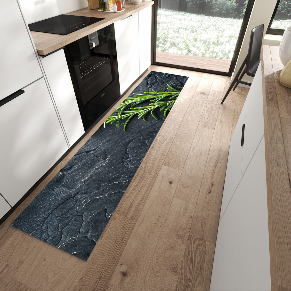 Langlebiger Küchenläufer mit Motiv Rosmarinzweig Slate in moderner Küche