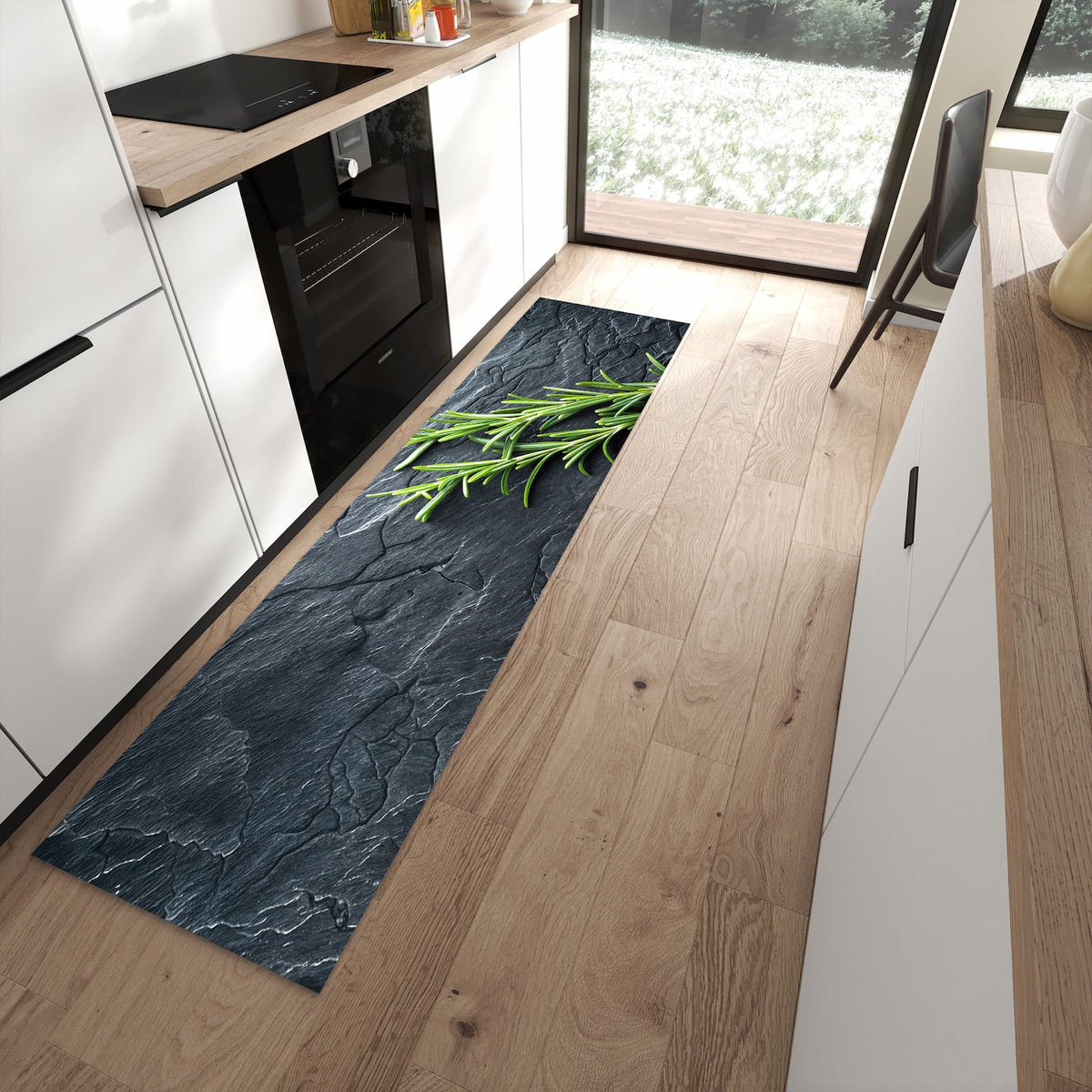 Waschbarer Küchenteppich mit Motiv Rosmarinzweig Slate in moderner Küche