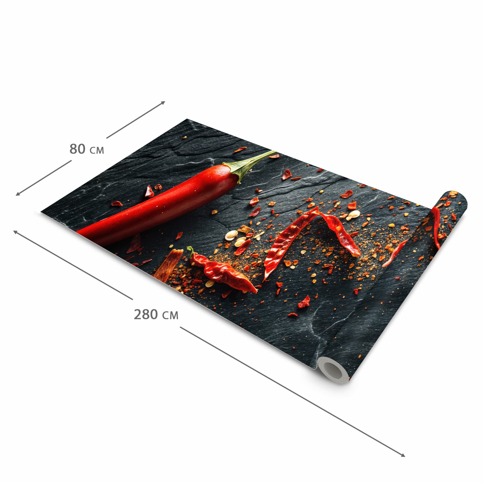 Geruchsneutraler waschbarer Küchenteppich mit Motiv Chili Auf Schiefer in der Grösse 60x240 cm