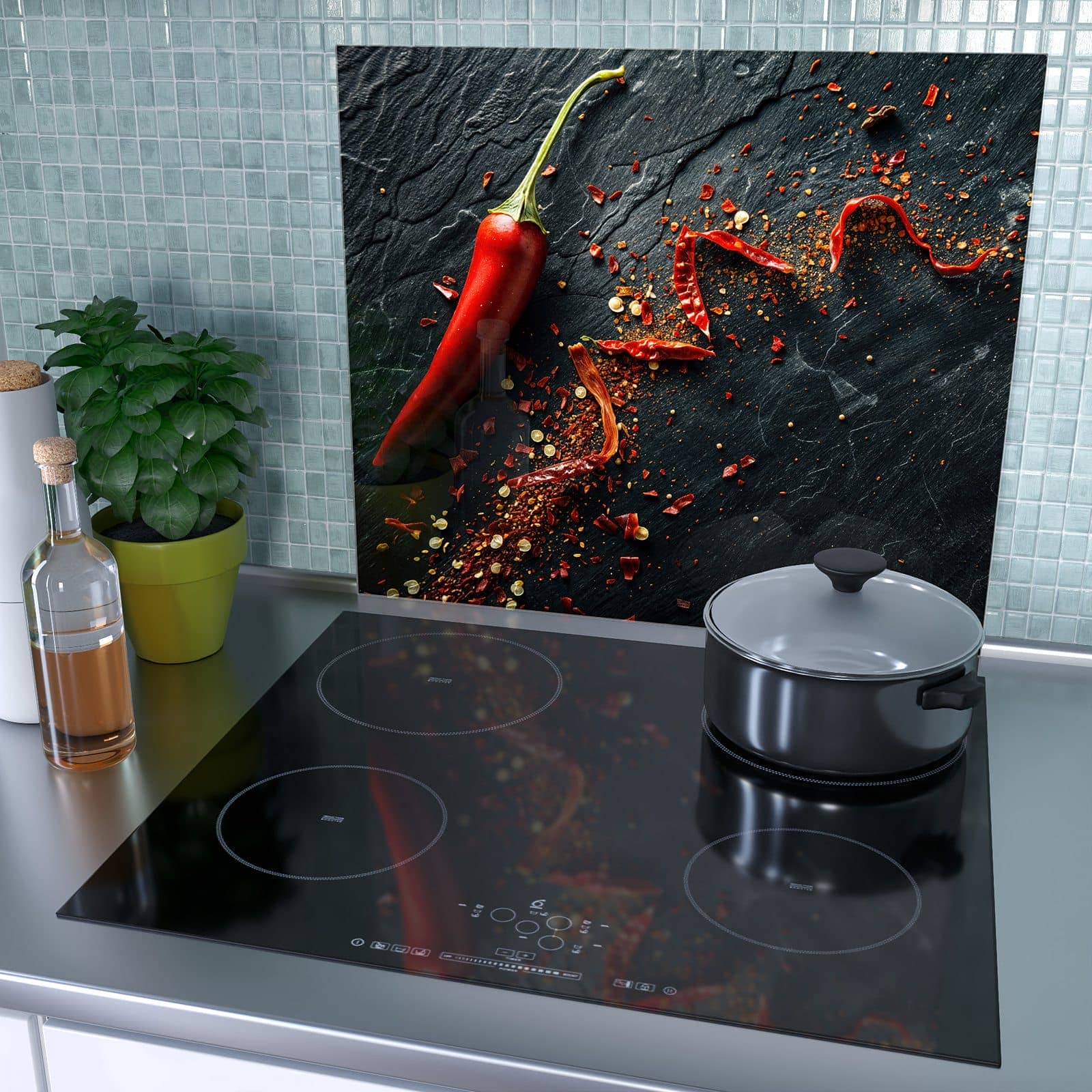 1-teilige Herdabdeckplatte mit Chili Auf Schiefer-Motiv als Spritzschutz hinter dem Kochfeld