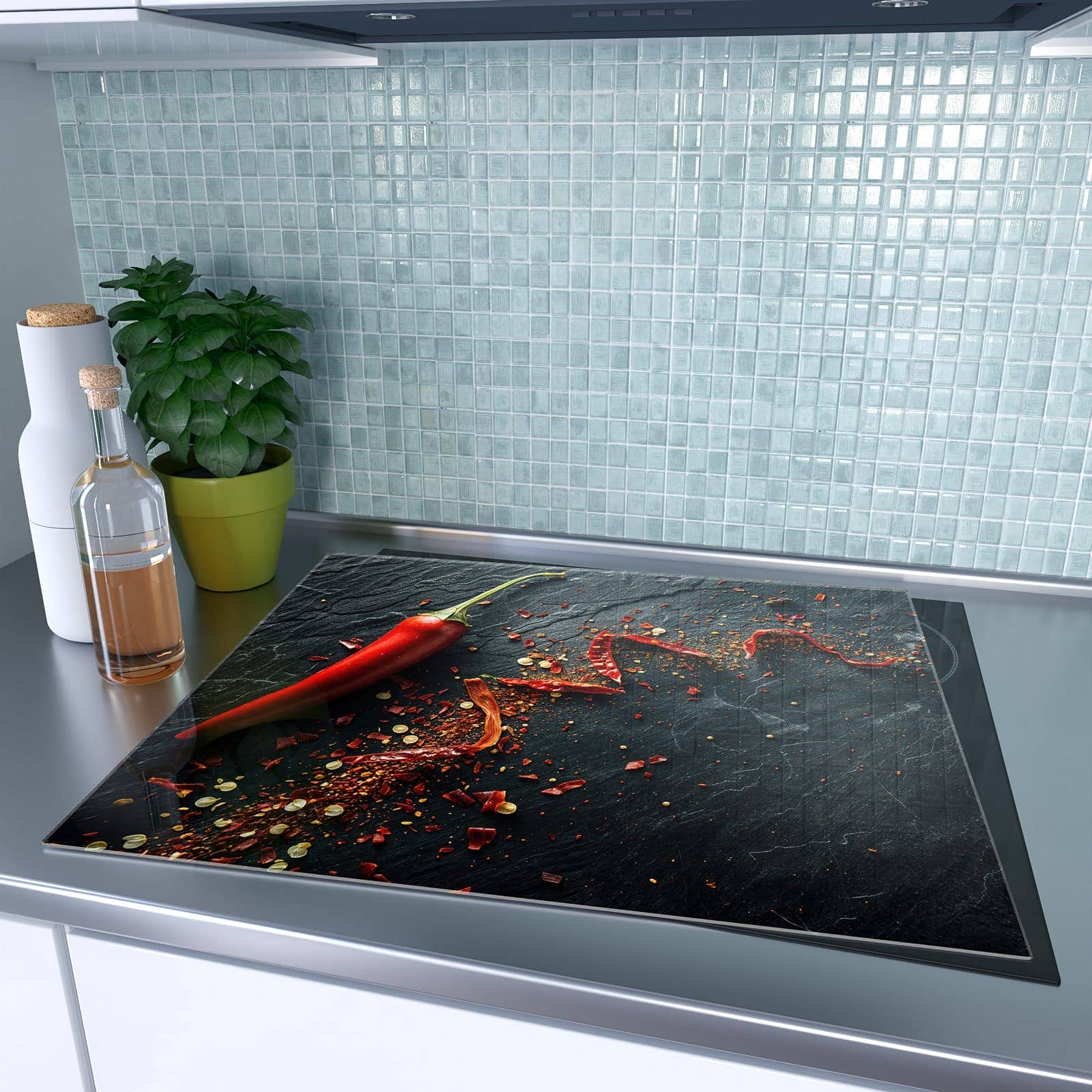 1-teilige Glasplatte für Herd mit Chili Auf Schiefer-Motiv auf dem Ceranfeld
