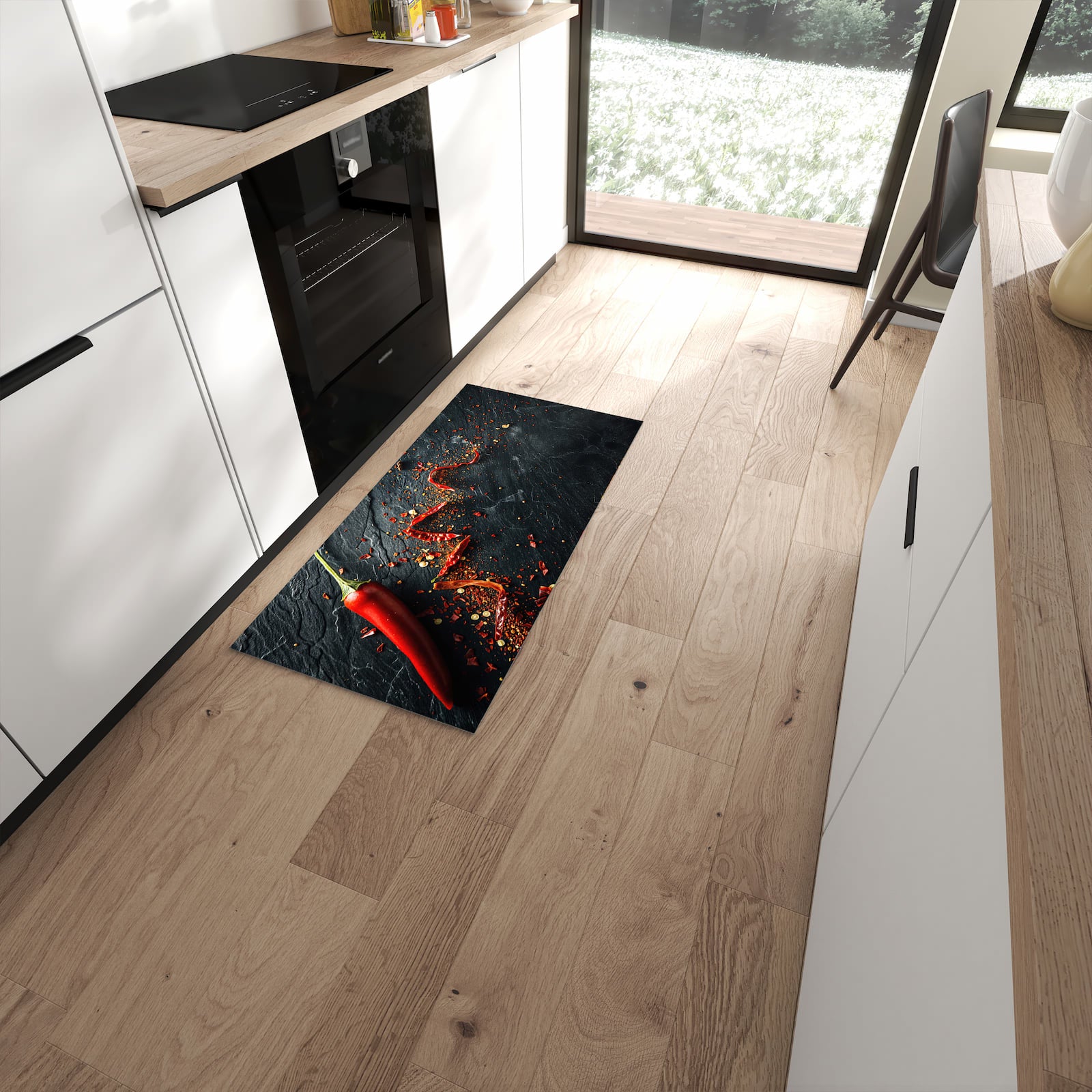 Abriebfester Küchenteppich mit Motiv Chili Auf Schiefer in moderner Küche #grösse_60 x 120 cm