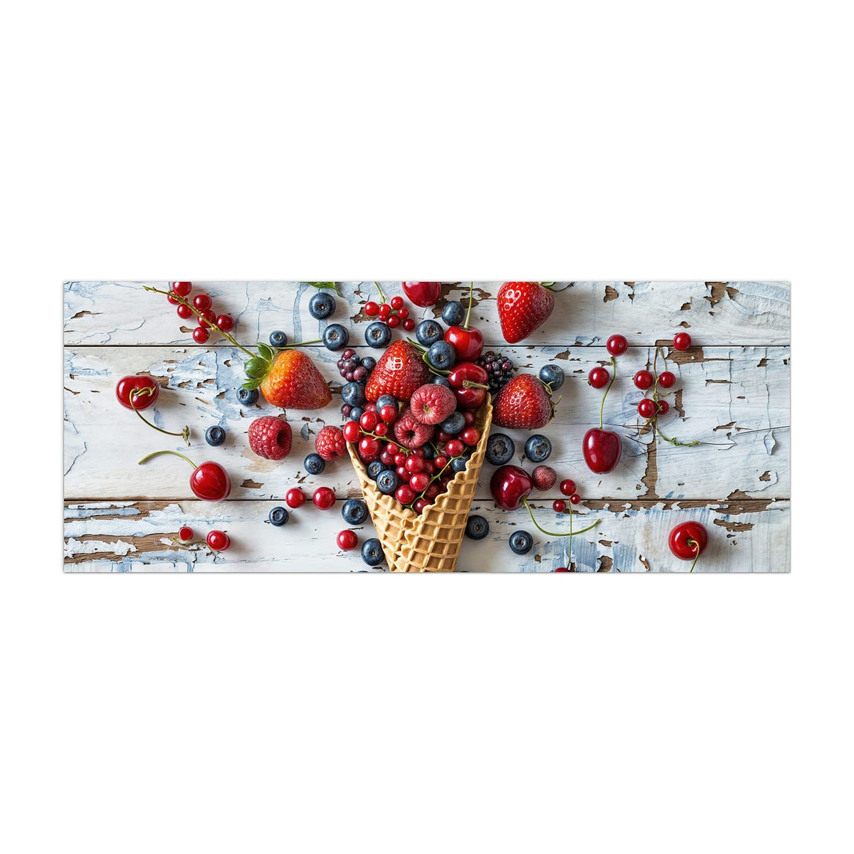 Küchenrückwand aus Glas Beeren in der Eiswaffel im Hochformat, Motiv bildfüllend von vorn