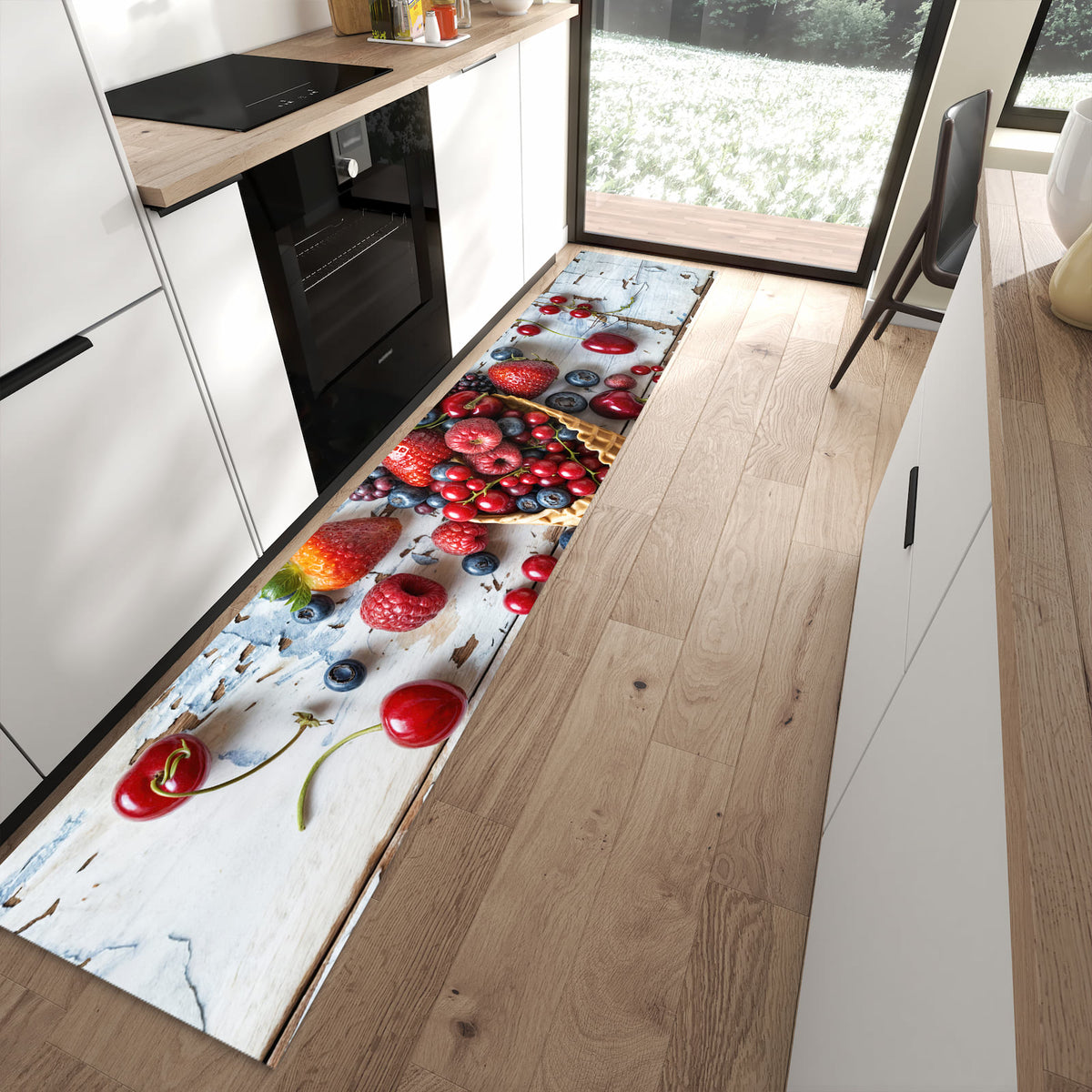 Bodenschonender Küchenteppich mit Motiv Früchte Eiscreme in moderner Küche