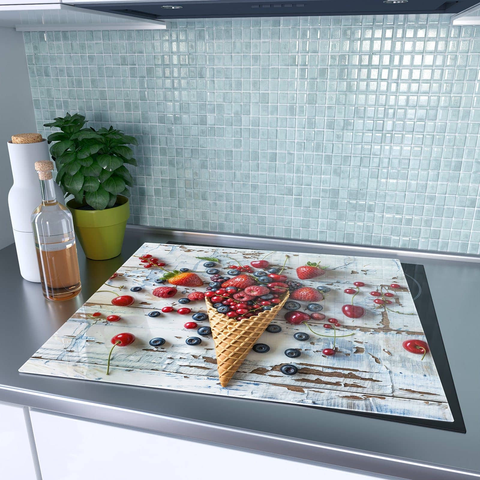 1-teilige Ceranfeld Abdeckplatten mit Früchte Eiscreme-Motiv auf dem Ceranfeld