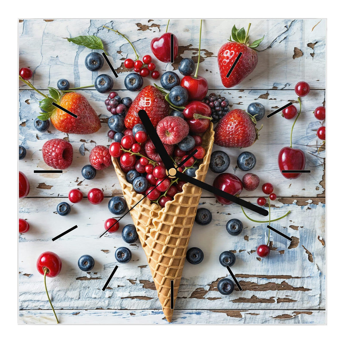 Wanduhr aus Glas, Ziffernblatt Linie mit Motiv Beeren in der Eiswaffel: Waffeltüte gefüllt mit Erdbeeren, Blaubeeren