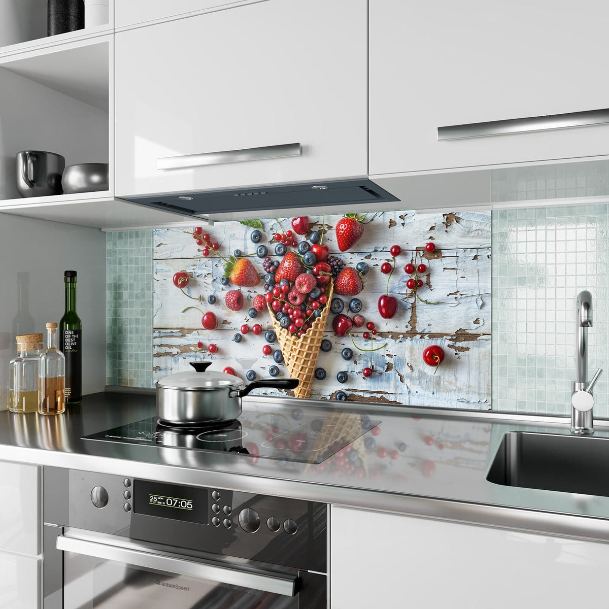 Küchenrückwand aus Glas Beeren in der Eiswaffel im Hochformat als Spritzschutz hinter dem Kochfeld, über dem Fliesenspiegel montiert