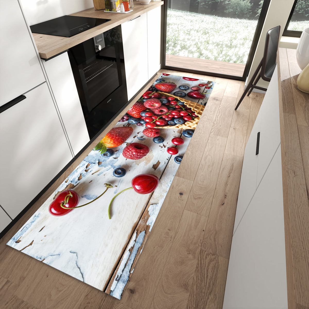 Formstabiler langer Teppich mit Motiv Früchte Eiscreme in moderner Küche