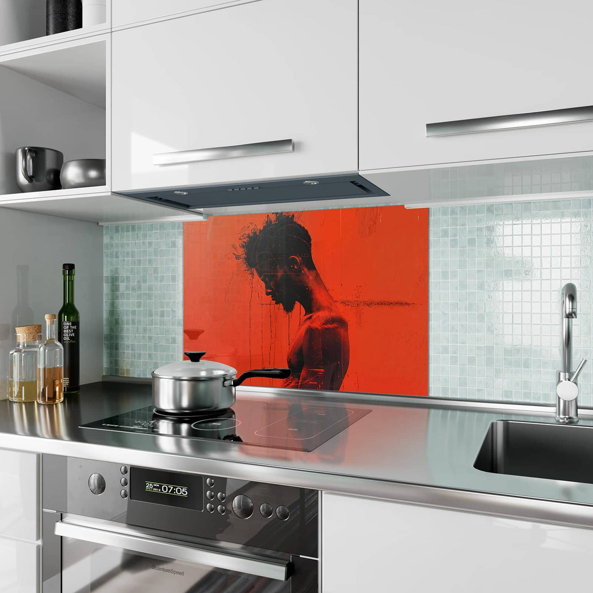 Küchenrückwand aus Glas Silhouette vor Rot im Hochformat als Spritzschutz hinter dem Kochfeld, über dem Fliesenspiegel montiert