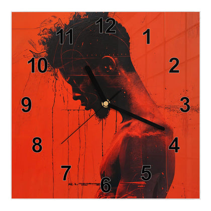 Wanduhr Quadratisch mit dem Motiv Silhouette vor Rot