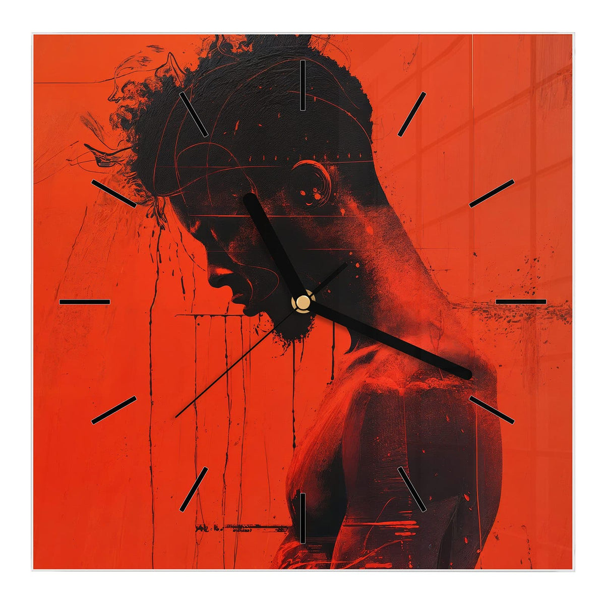 Wanduhr aus Glas, Ziffernblatt Linie mit Motiv Silhouette vor Rot: Dunkle Männerfigur im Profil vor leuchtend orangerotem Grund mit Farbschlieren