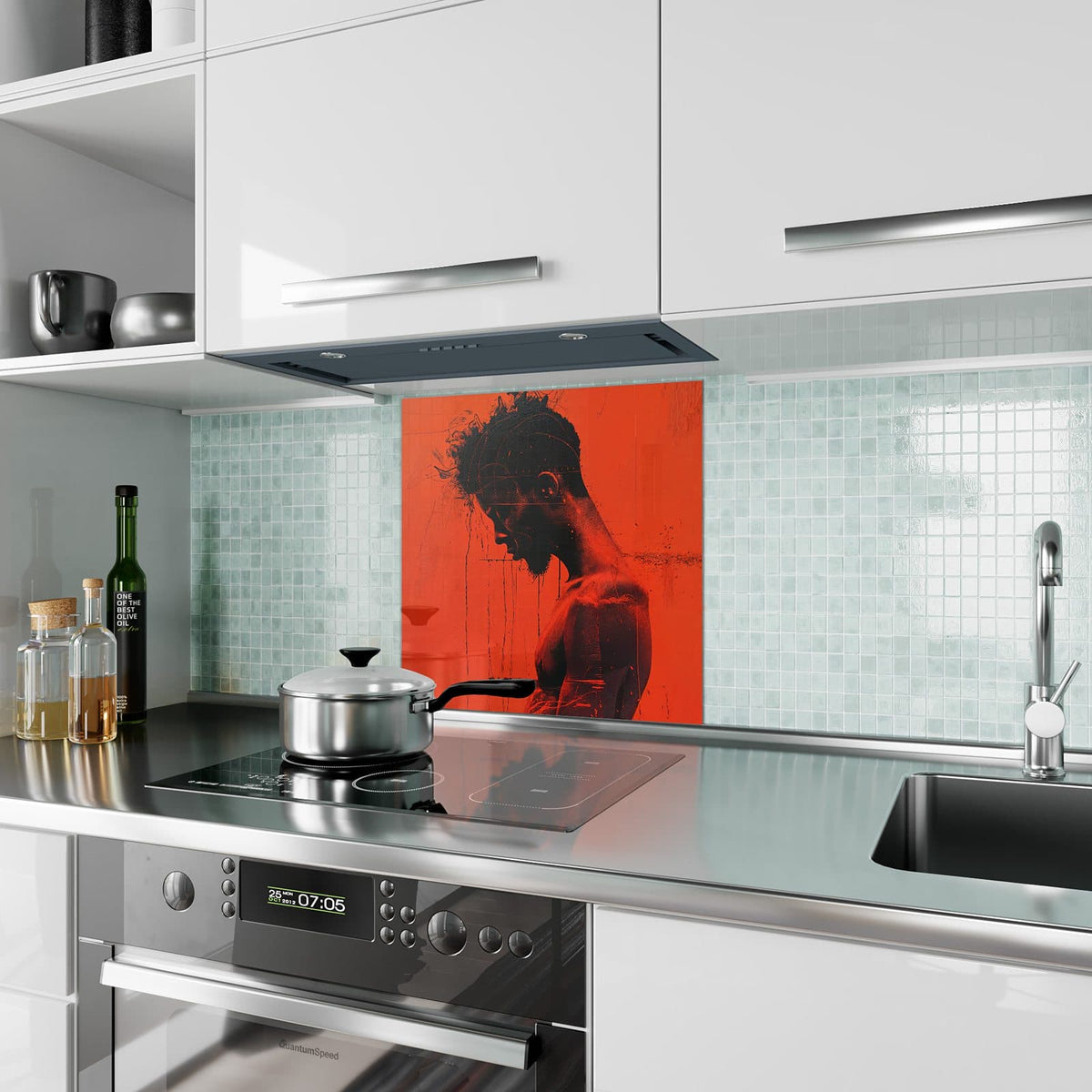 Küchenrückwand aus Glas Silhouette vor Rot im quadratischen Format als Spritzschutz hinter dem Kochfeld, über dem Fliesenspiegel montiert
