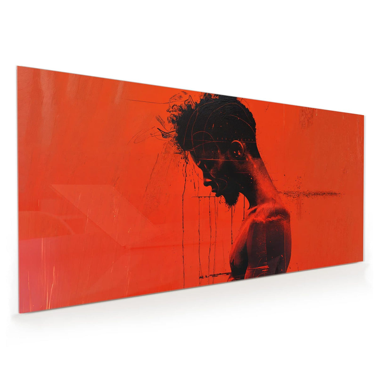 Küchenrückwand aus Glas im Hochformat mit Motiv Silhouette vor Rot: Dunkle Männerfigur im Profil vor leuchtend orangerotem Grund mit Farbschlieren