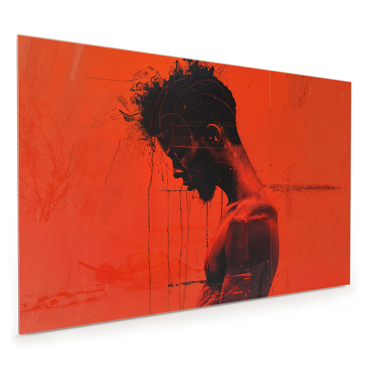 Küchenrückwand aus Glas im Hochformat mit Motiv Silhouette vor Rot: Dunkle Männerfigur im Profil vor leuchtend orangerotem Grund mit Farbschlieren