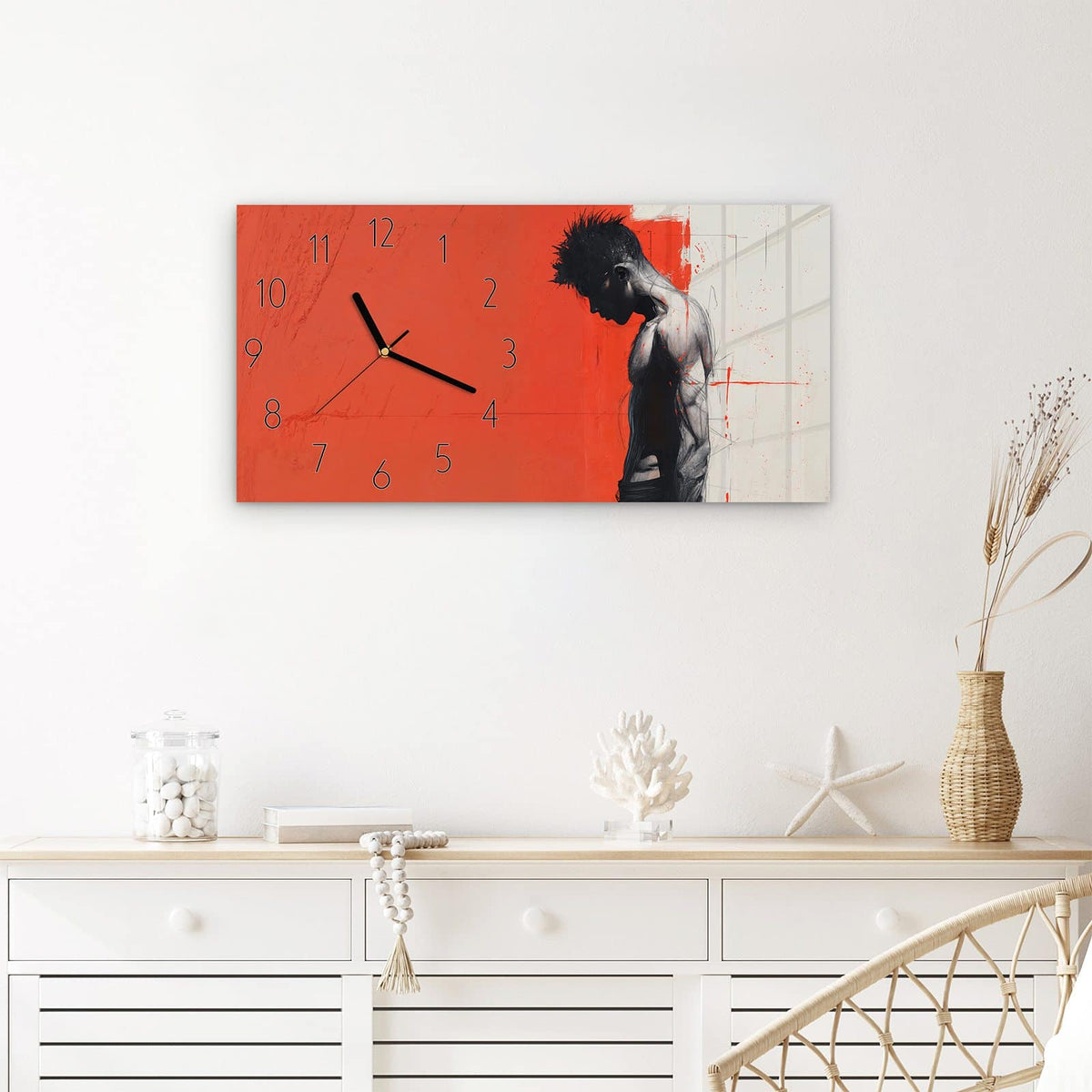 Wanduhr Nachdenklicher Mann aus Glas – Querformat 60 × 30 cm – Skizzierter Mann im Profil