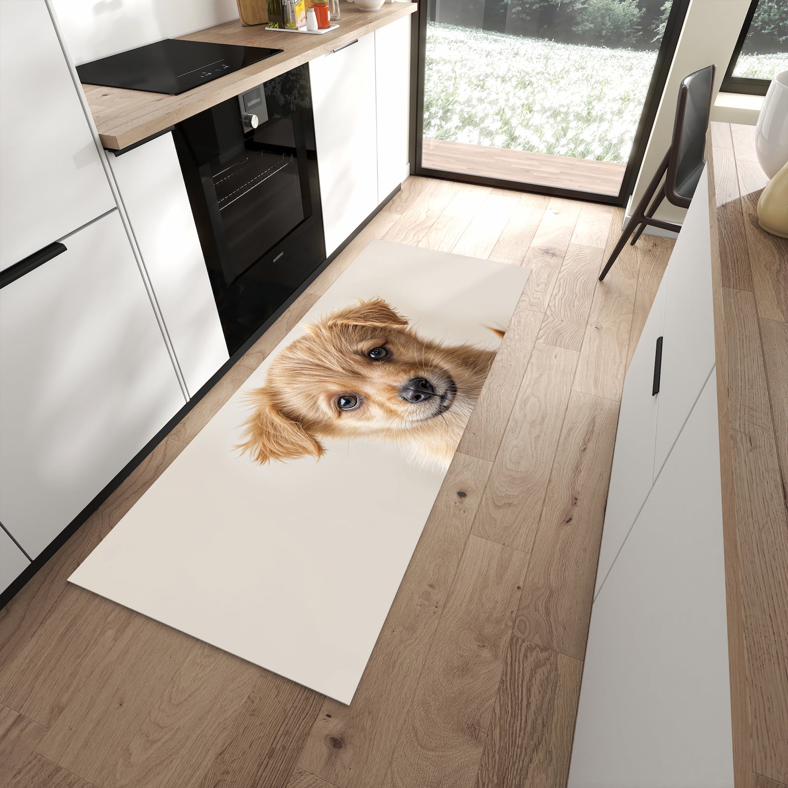 Rutschfester Küchenläufer mit Motiv Welpenbilde in moderner Küche