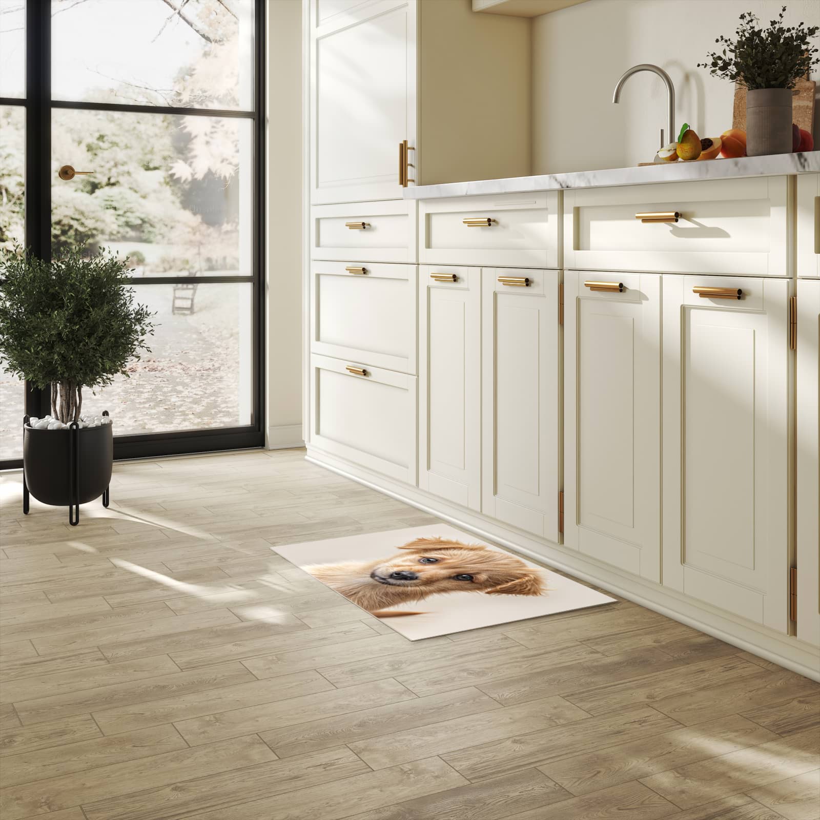 Küchenteppich mit angenehmer Haptik und Motiv Welpenbilde in heller Küche, waschbar