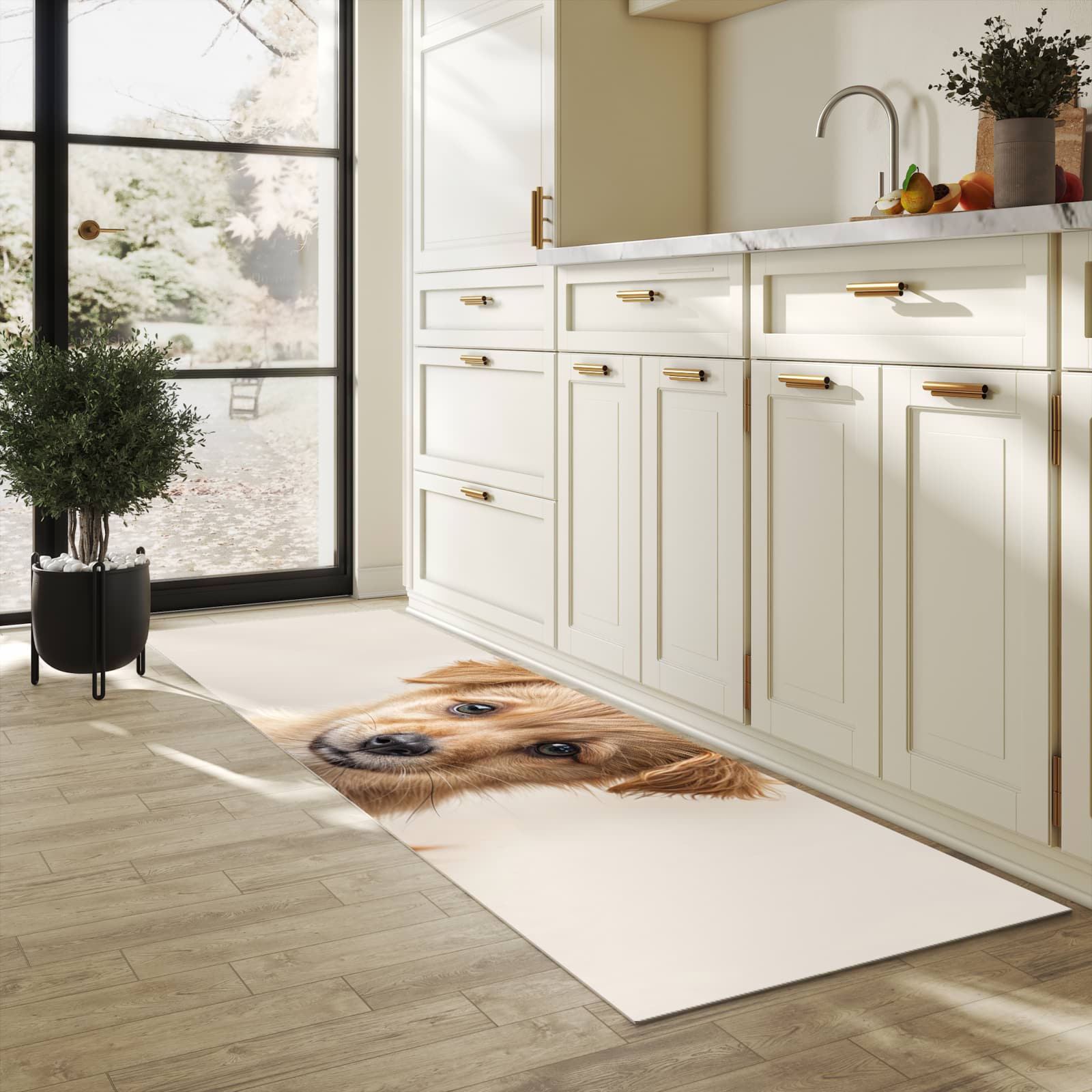 Waschbarer Bodenläufer Teppich mit Motiv Welpenbilde in heller Küche