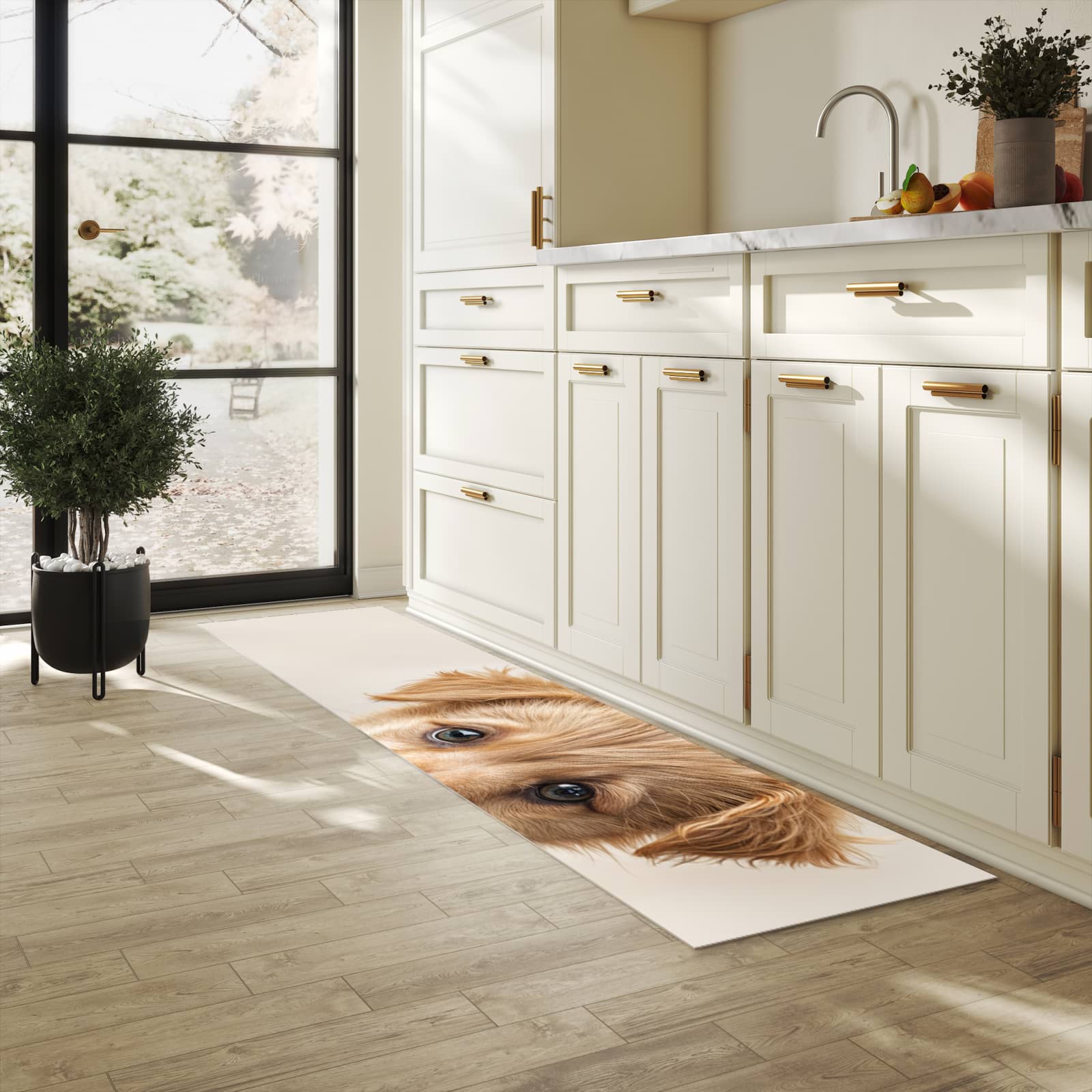 Rutschfester dünner Küchenteppich mit Motiv Welpenbilde in heller Küche