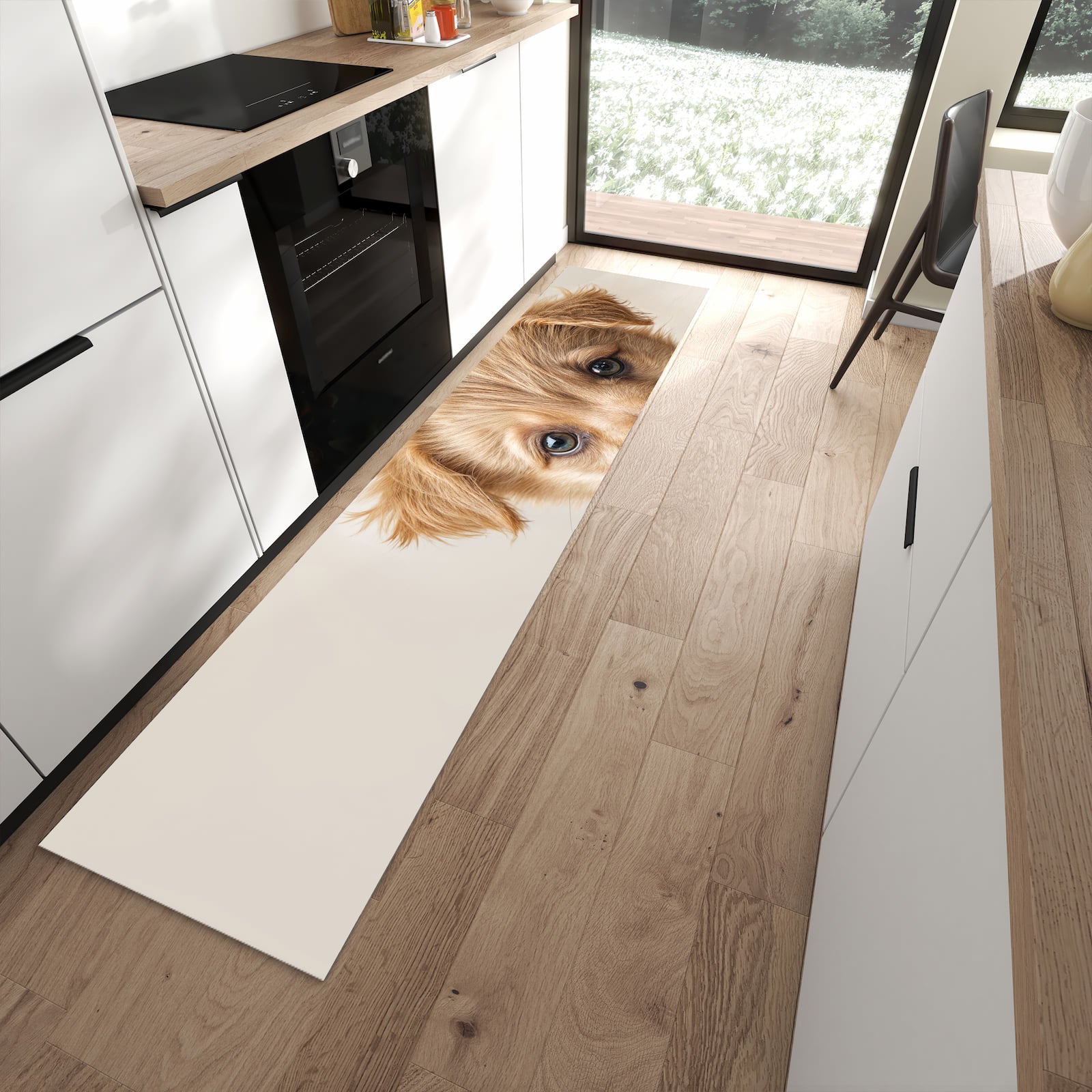 Flacher Bodenläufer mit Motiv Welpenbilde in moderner Küche