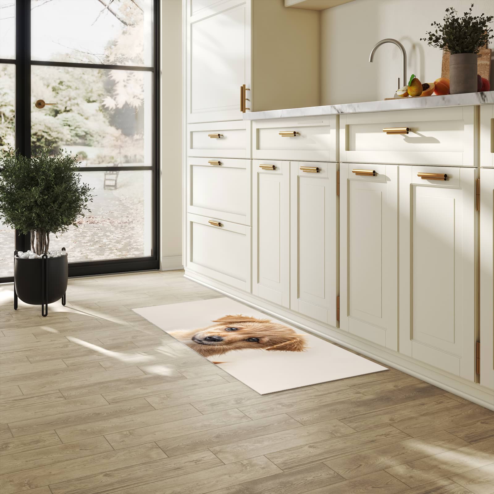 Flacher Läufer mit Motiv Welpenbilde für rutschfesten Halt in heller Küche