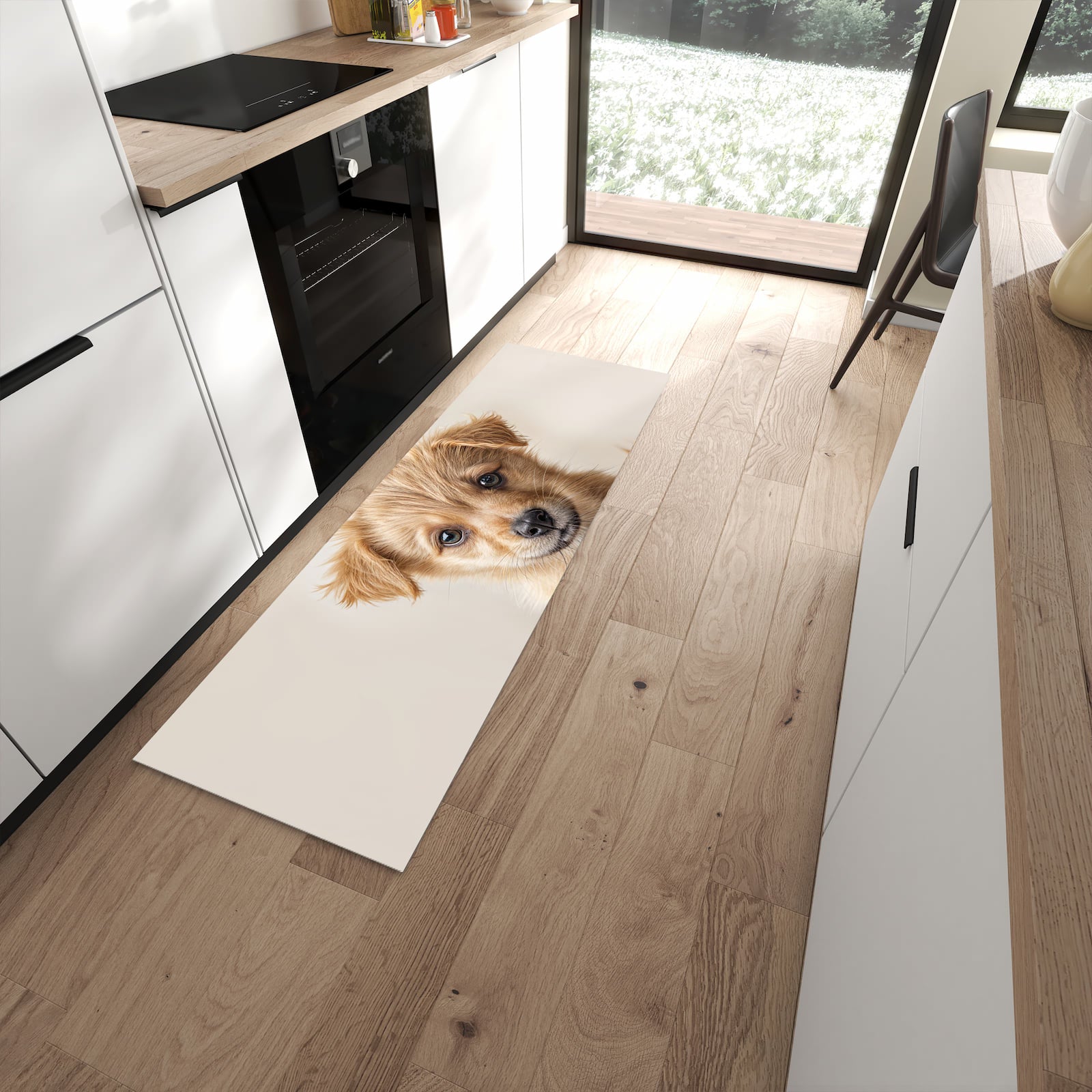 Geruchsneutraler rutschfester Küchenteppich mit Motiv Welpenbilde in moderner Küche