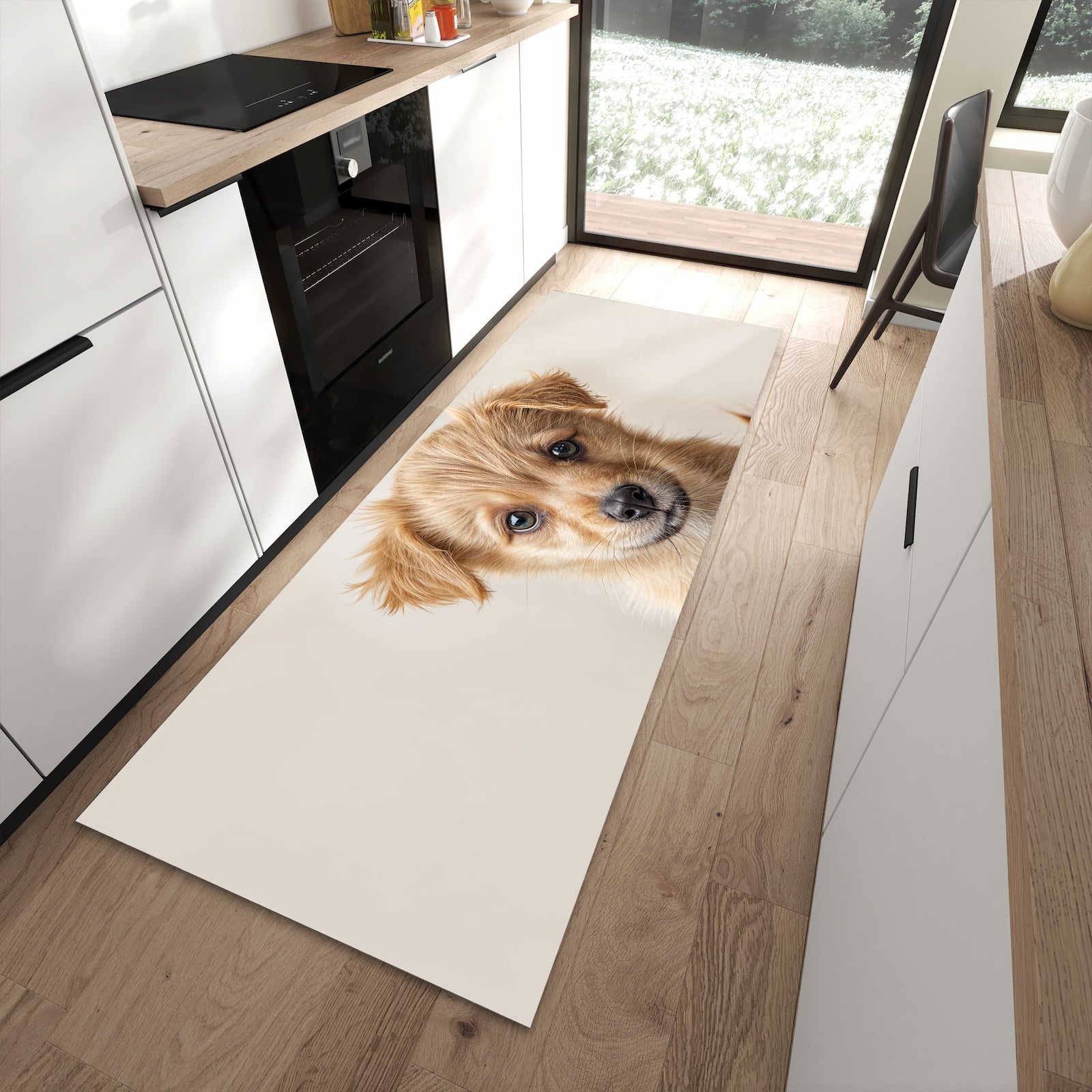 Waschbarer großer Küchenteppich mit Motiv Welpenbilde in moderner Küche