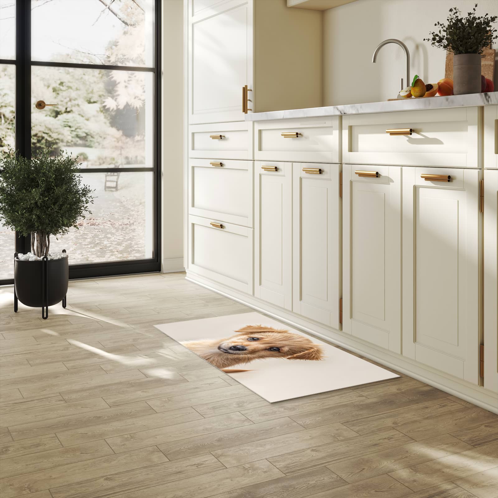 Langlebiger Läufer mit Motiv Welpenbilde für Eingangsbereich in heller Küche