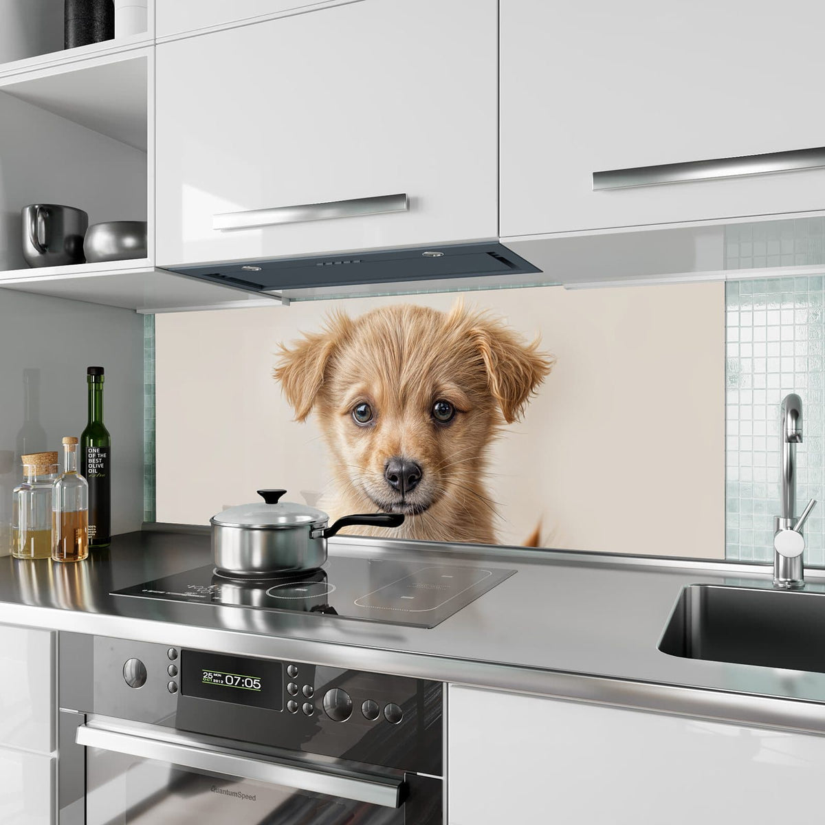 Küchenrückwand aus Glas Flauschiger Welpe im Hochformat als Spritzschutz hinter dem Kochfeld, über dem Fliesenspiegel montiert