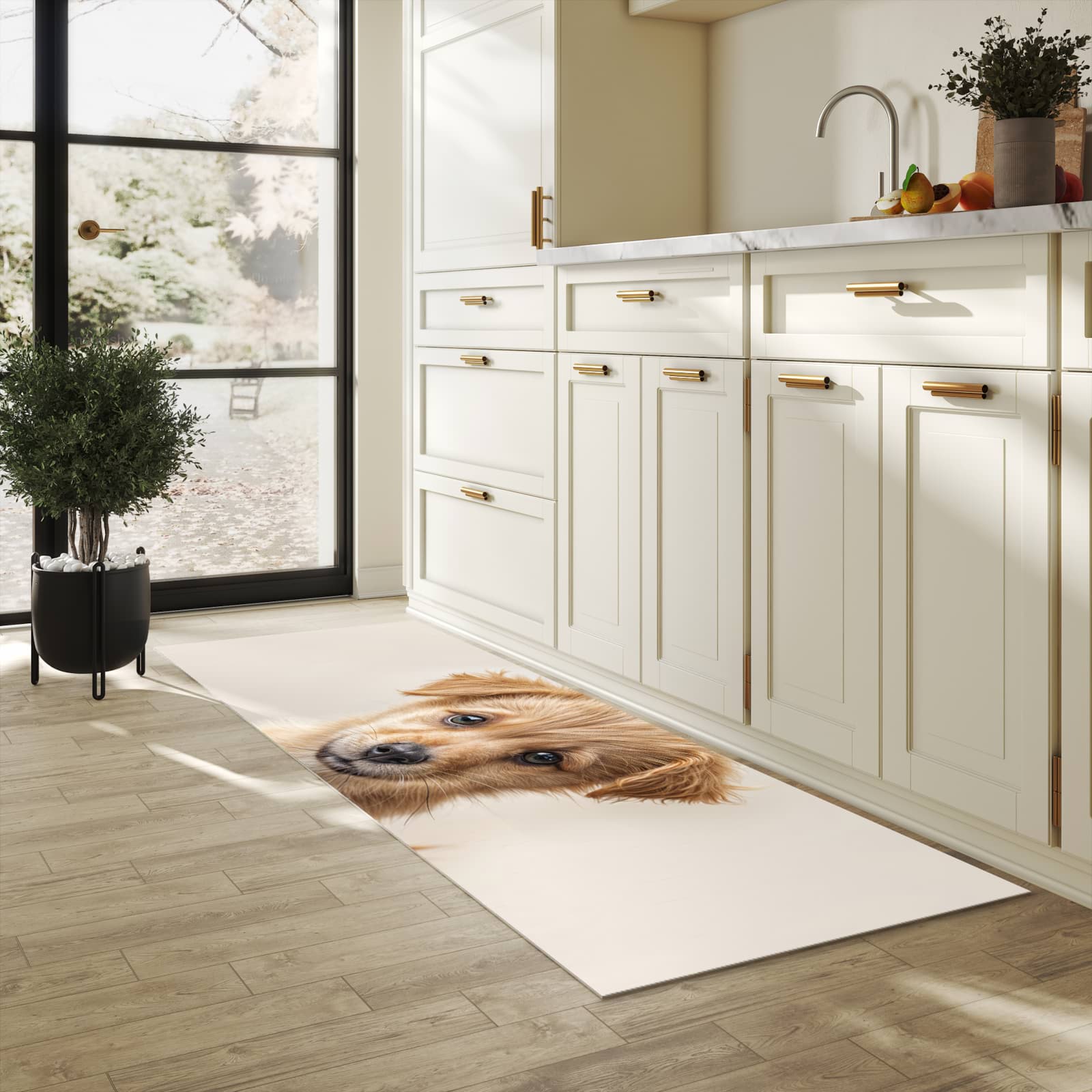 Strapazierfähiger Bodenläufer mit Motiv Welpenbilde in heller Küche